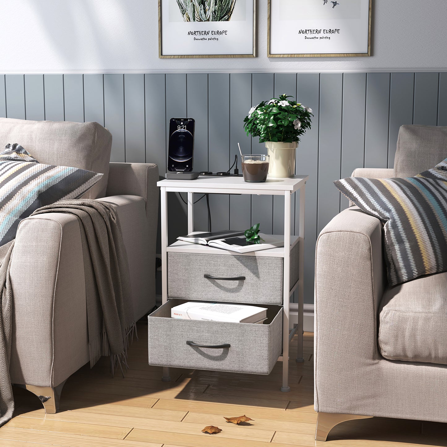 Table de chevet 2 tiroirs en tissu, avec 2 prises de courant et 2 USB, 40 x 30 x 60 cm, blanc