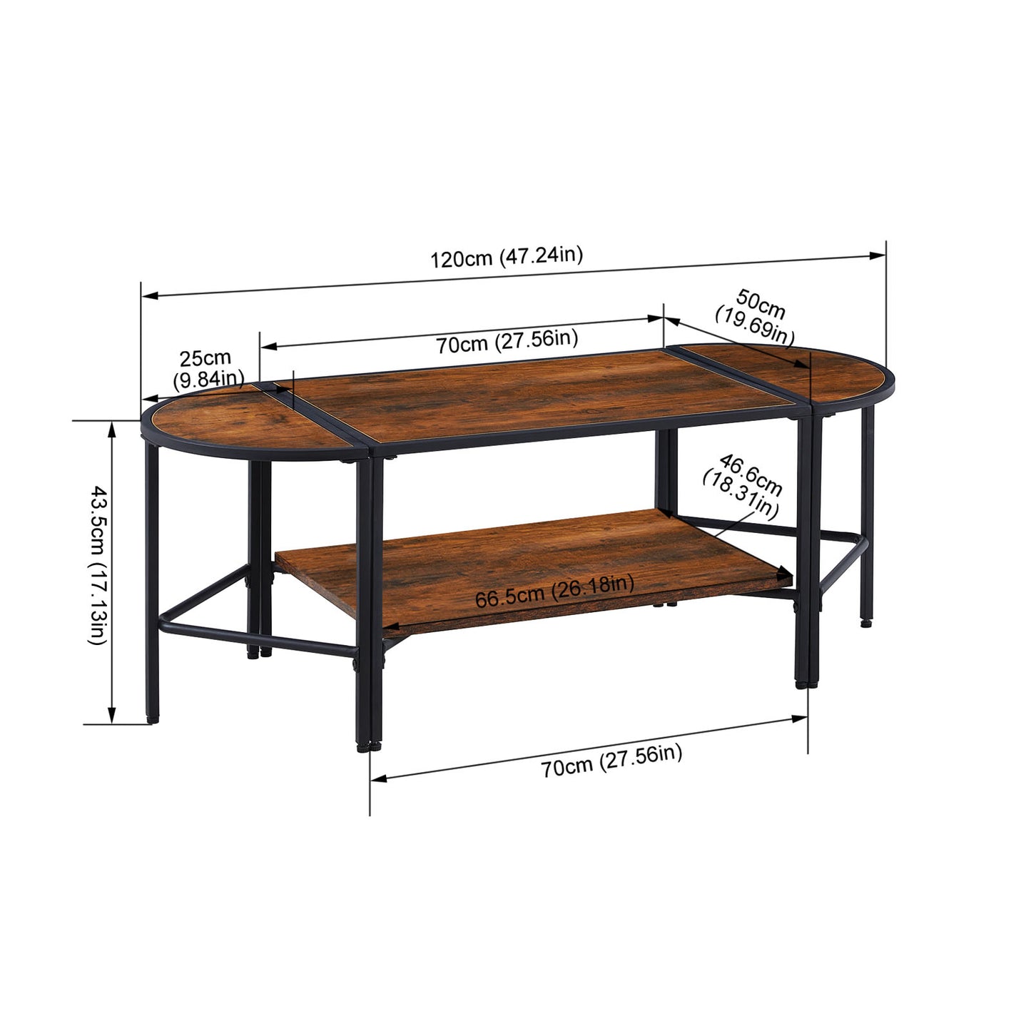 Table Basse de Salon Industrielle à Double Couche - Table Basse Combinée - MDF Marron, Pieds en Métal Noir