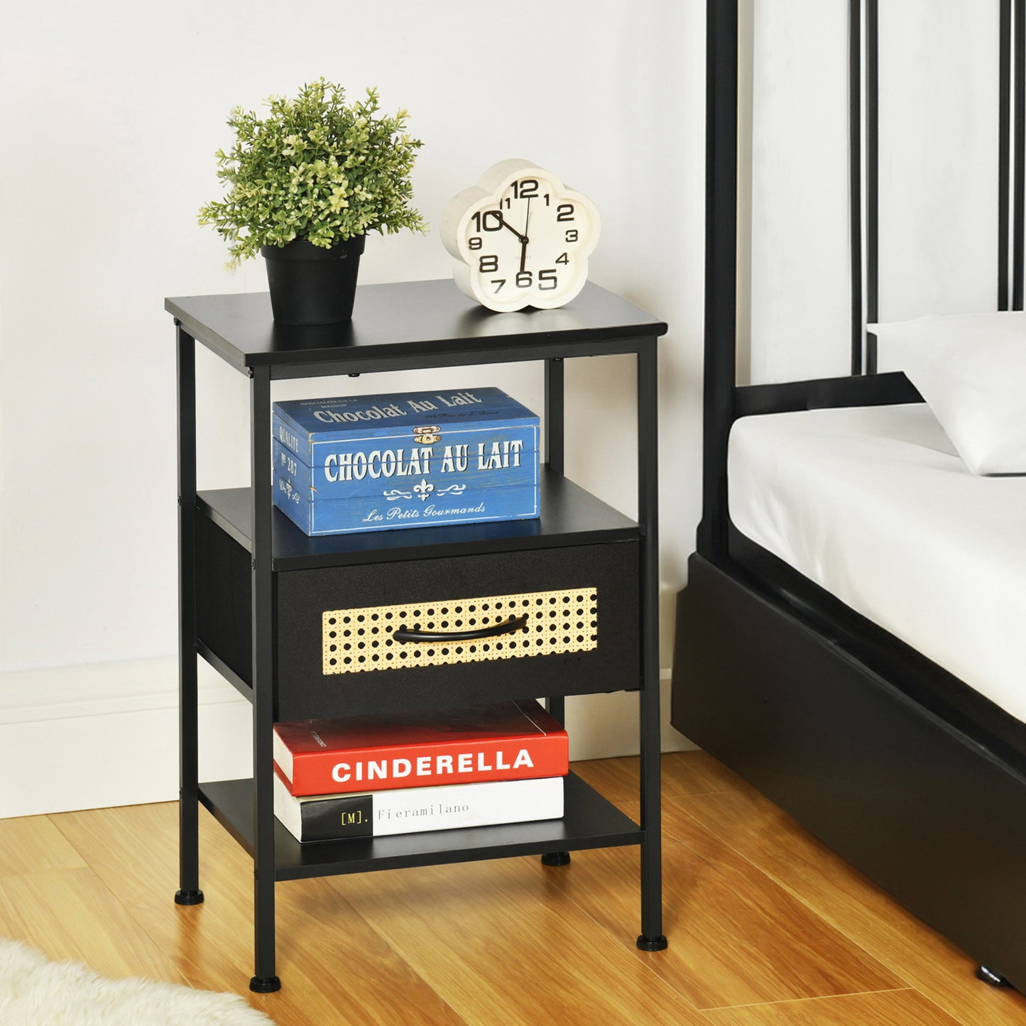 Table de Chevet avec 1 Tiroirs Tissus Table d'appoint Petit Meuble de Rangement Style Industriel Commode 1 tiroirs, 40x30x60cm--Noir