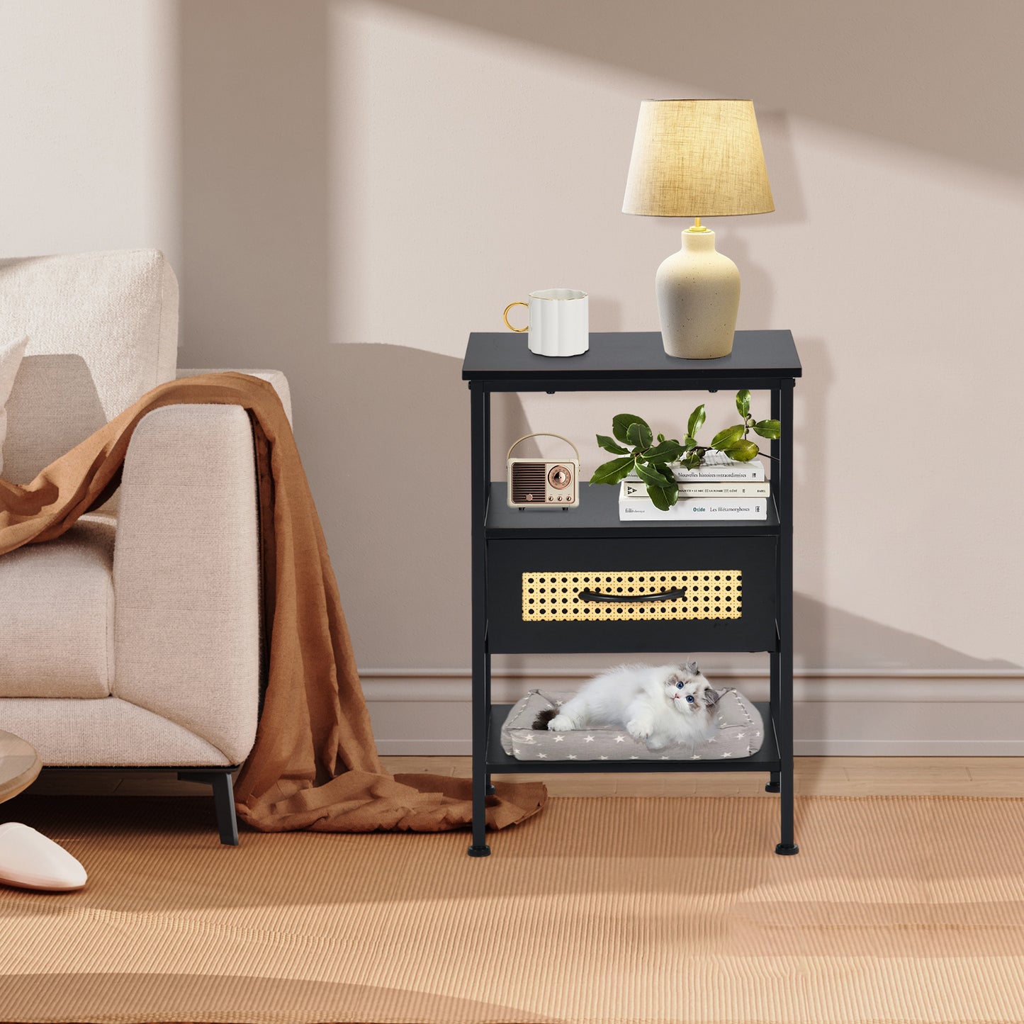 Table de Chevet avec 1 Tiroirs Tissus Table d'appoint Petit Meuble de Rangement Style Industriel Commode 1 tiroirs, 40x30x60cm--Noir