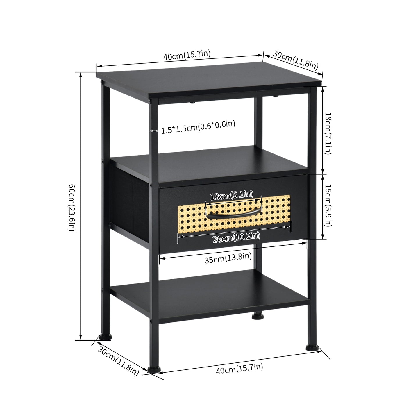 Table de Chevet avec 1 Tiroirs Tissus Table d'appoint Petit Meuble de Rangement Style Industriel Commode 1 tiroirs, 40x30x60cm--Noir