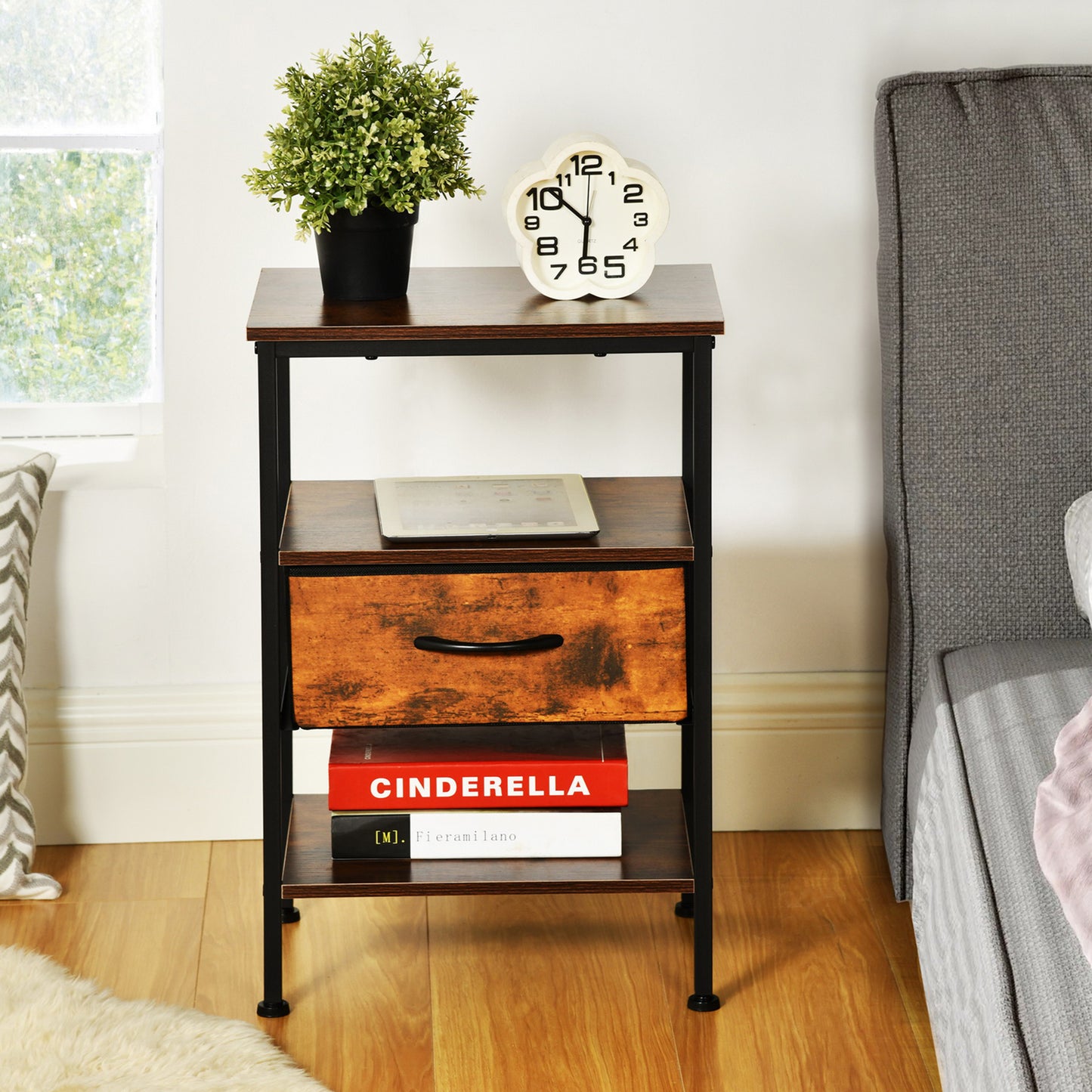 Table de Chevet avec 1 Tiroirs Tissus Table d'appoint Petit Meuble de Rangement Style Industriel, 40 x 30 x 60 cm--Marron