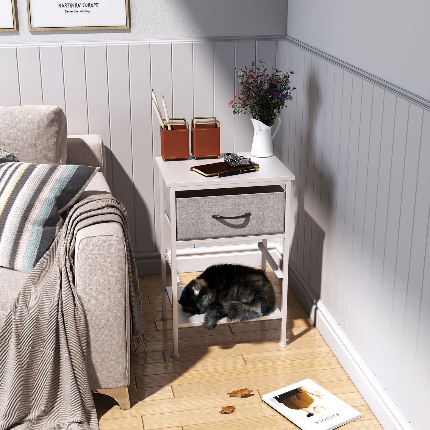 Table de Chevet avec 1 Tiroirs Tissus Table d'appoint Petit Meuble de Rangement Style Industriel, 40 x 30 x 60 cm--Blanc