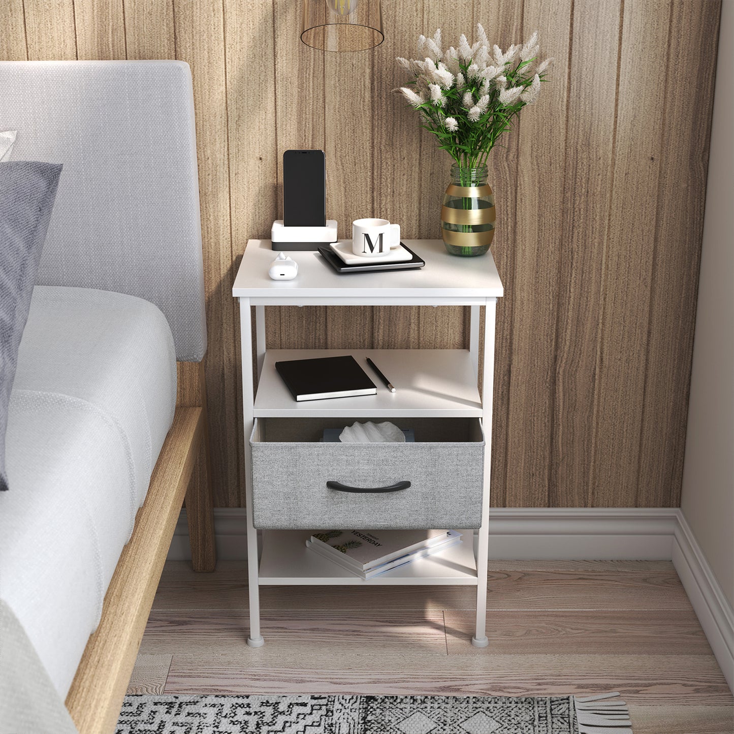 Table de Chevet avec 1 Tiroirs Tissus Table d'appoint Petit Meuble de Rangement Style Industriel, 40 x 30 x 60 cm--Blanc