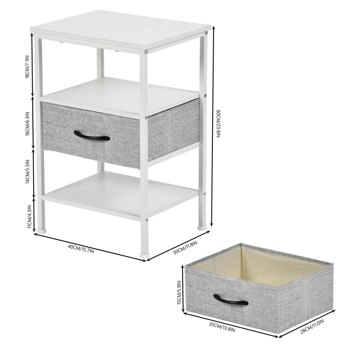 Table de Chevet avec 1 Tiroirs Tissus Table d'appoint Petit Meuble de Rangement Style Industriel, 40 x 30 x 60 cm--Blanc