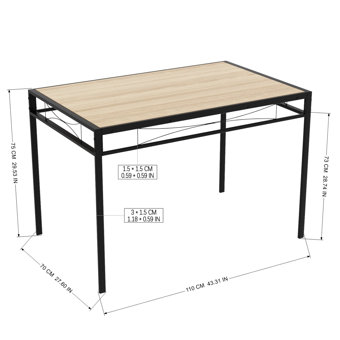 Table à Manger Rectangulaire de Style Industriel avec Plateau Effet Chêne et Pieds en Métal Noir - 110 x 70 x 75 cm