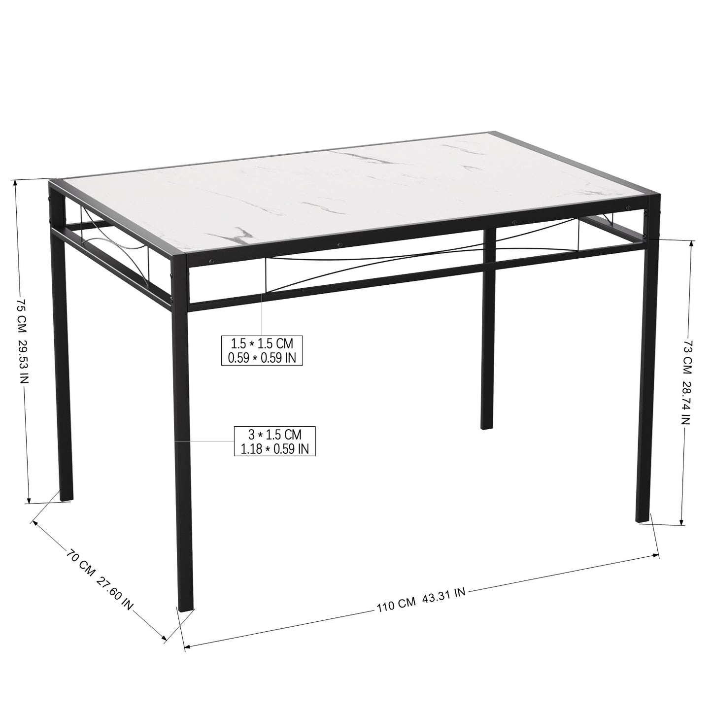 Table à Manger Rectangulaire de Style Industriel avec Plateau Effet Marbrure et Pieds en Métal Noir - 110 x 70 x 75 cm