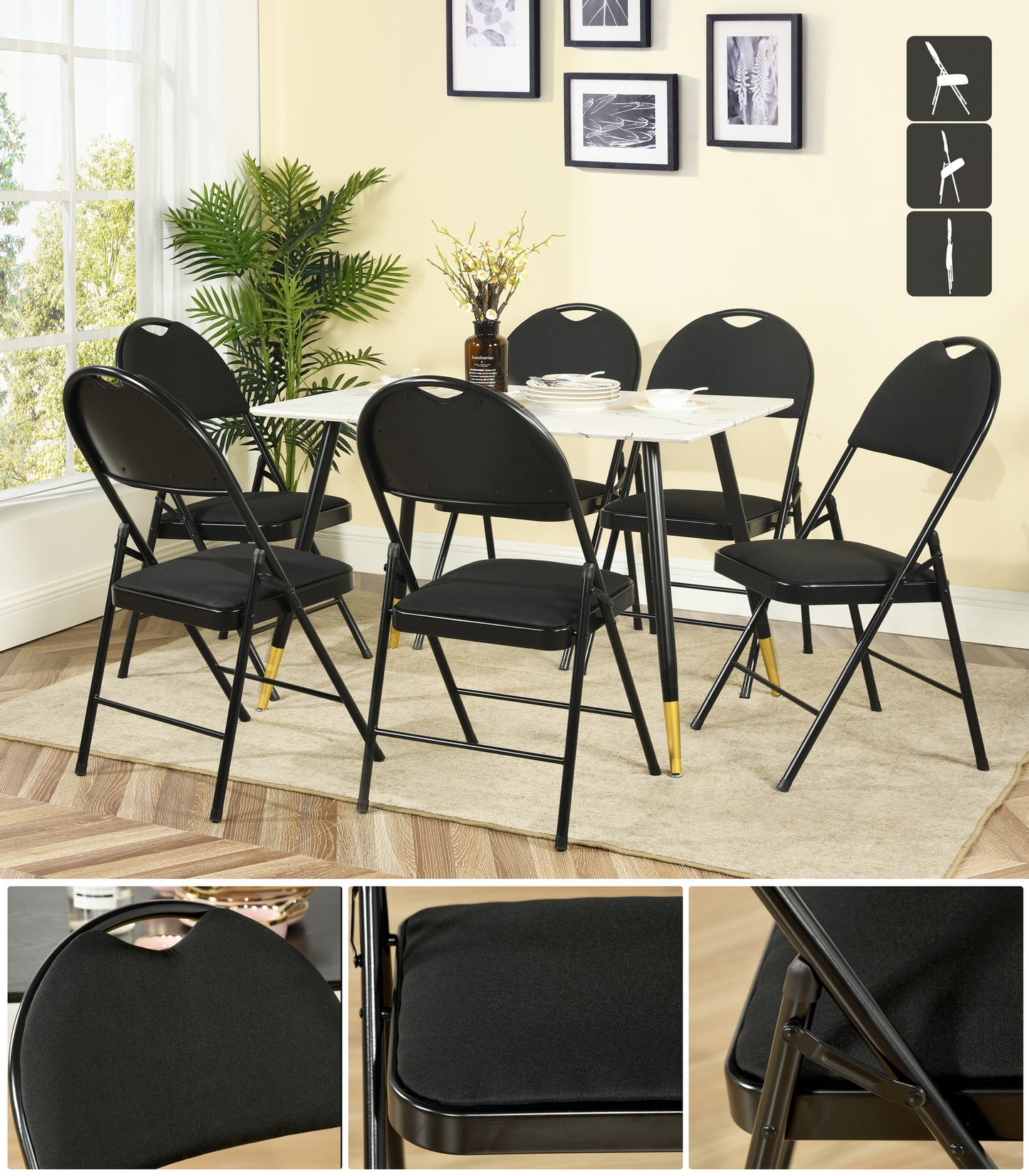 Lot de 6 Chaises pliantes noires Scandinave Chaise de Salle à manger