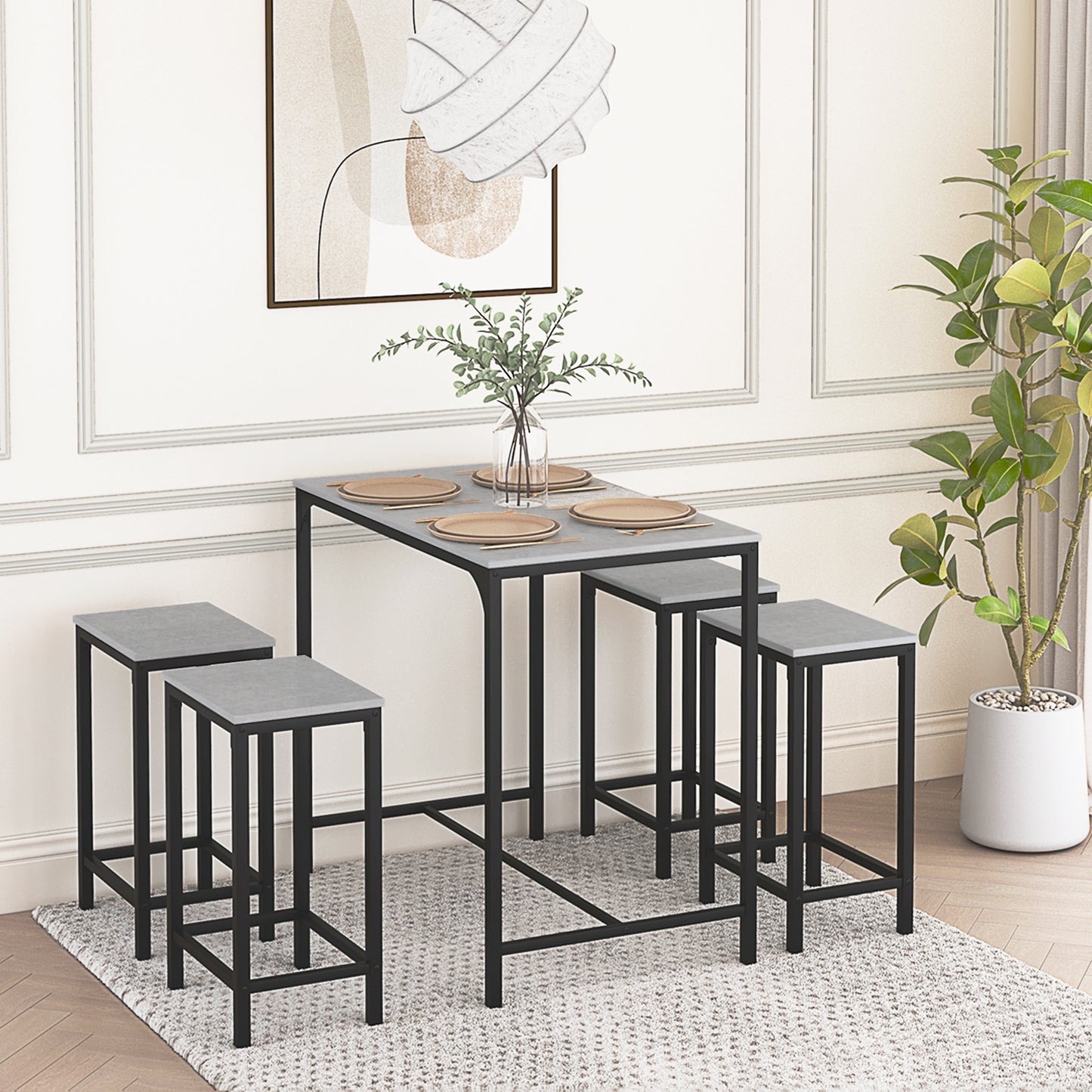 Ensemble Table de Salle à Manger, Table de Bar et chaises de Bar, Table Haute et 4 Tabouret, Gris