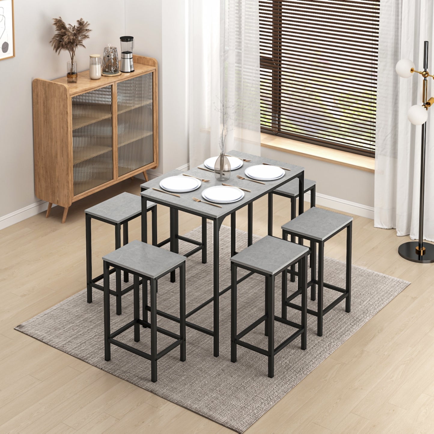 Ensemble Table de Salle à Manger, Table de Bar et chaises de Bar, Table Haute et 4 Tabouret, Gris