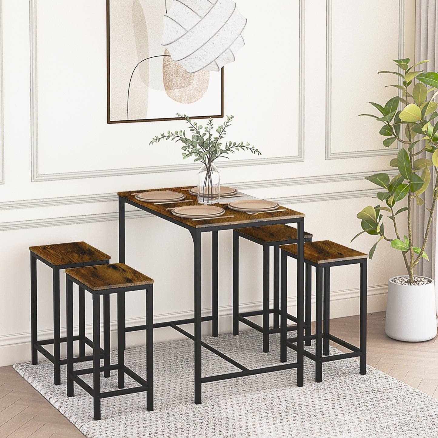 Ensemble Table de Salle à Manger, Table de Bar et chaises de Bar, Table Haute et 4 Tabouret -Marron