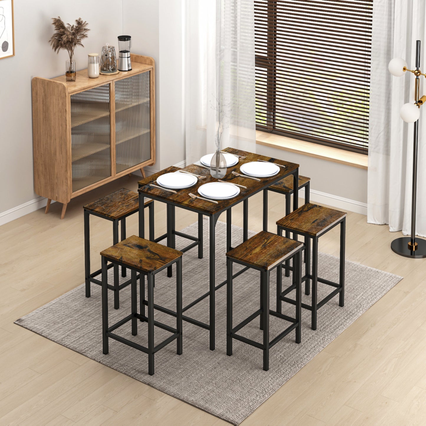 Ensemble Table de Salle à Manger, Table de Bar et chaises de Bar, Table Haute et 4 Tabouret -Marron