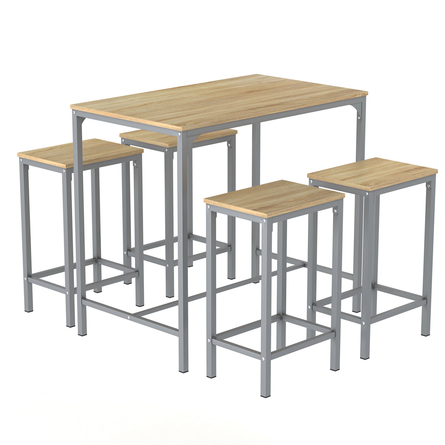 Ensemble Table de Salle à Manger, Table de Bar et chaises de Bar, Table Haute et 4 Tabouret, Chêne, pieds en fer argenté