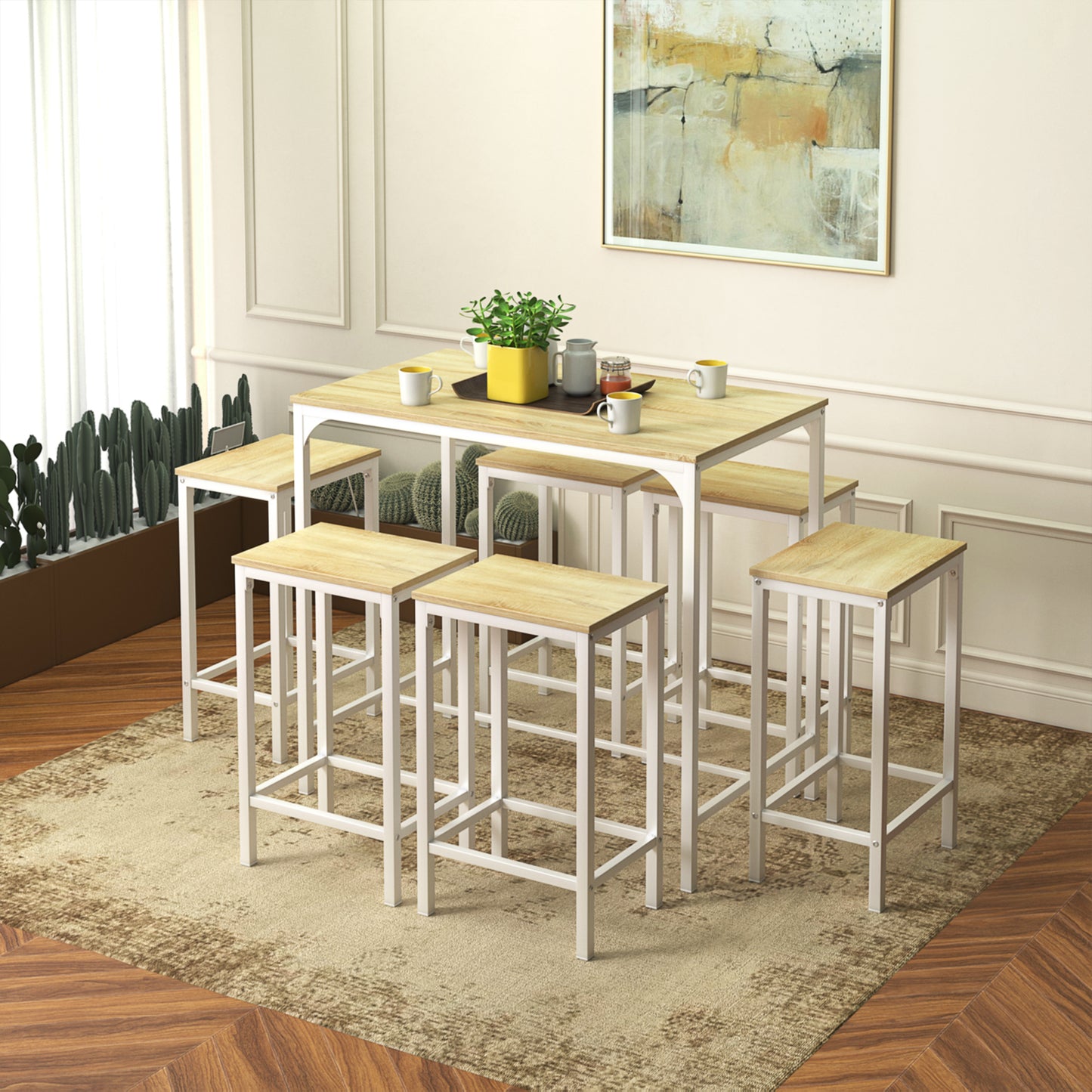 Ensemble Table de Salle à Manger, Table de Bar et chaises de Bar, Table Haute et 4 Tabouret, Chêne