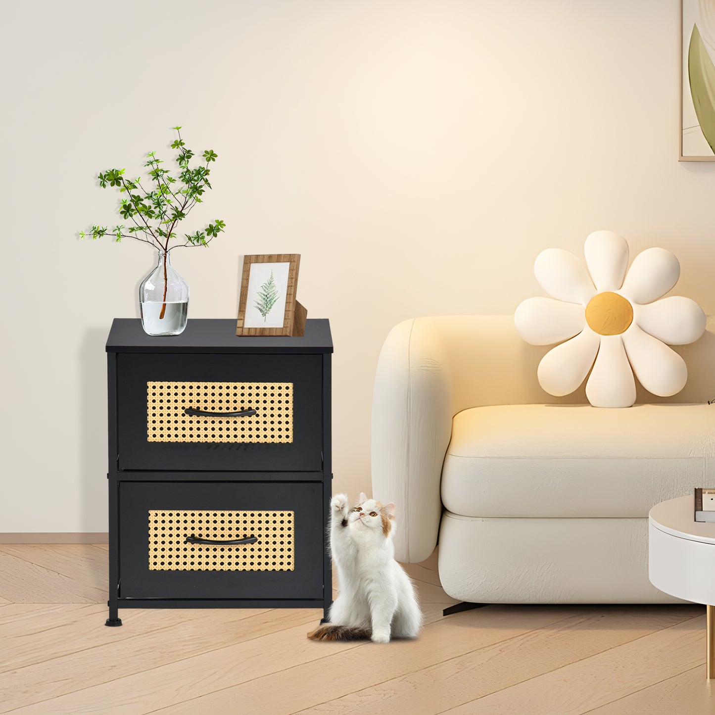 Table de chevet avec 2 tiroirs en tissu, meuble d'appoint style industriel, 40 x 30 x 51 cm, noir