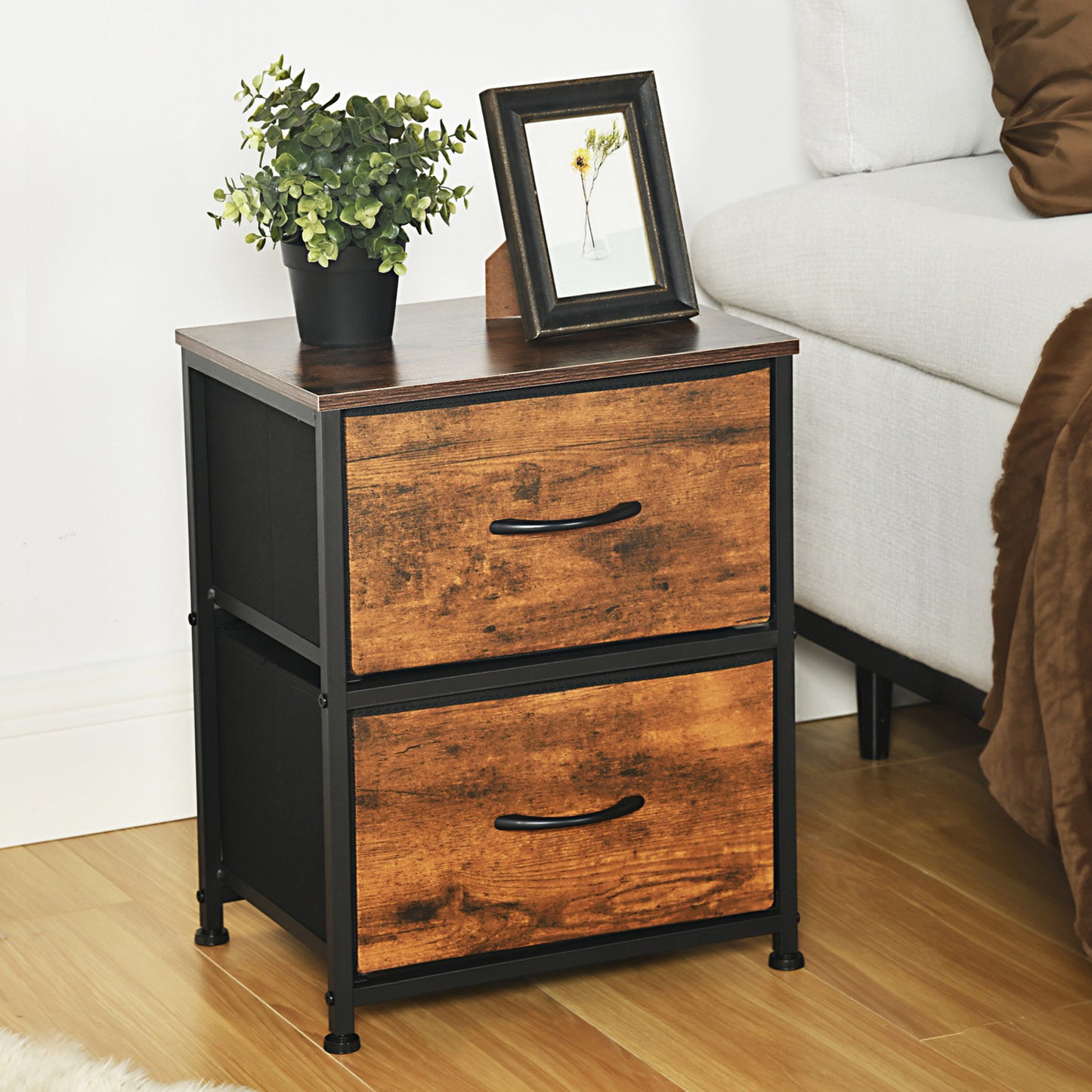 Table de chevet avec 2 tiroirs en tissu, meuble d'appoint style industriel, 40 x 30 x 51 cm, marron