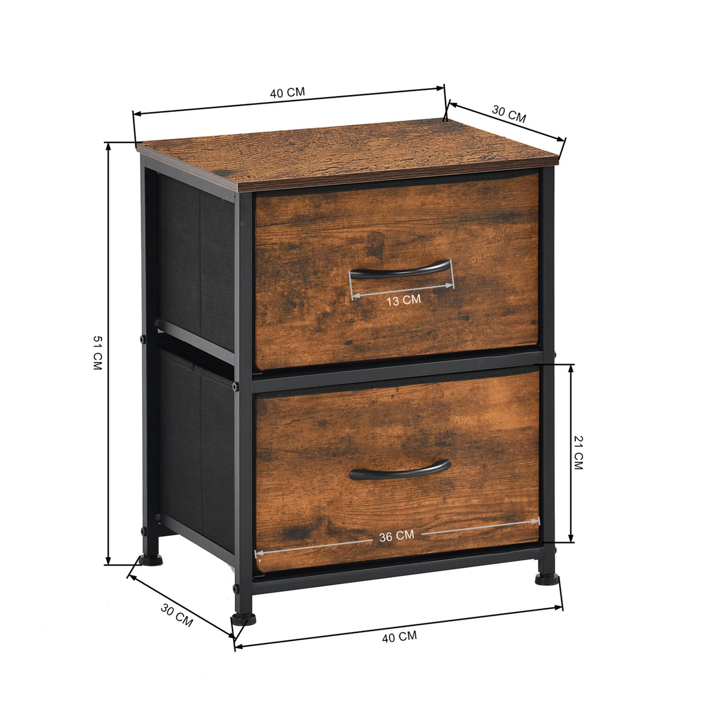 Table de chevet avec 2 tiroirs en tissu, meuble d'appoint style industriel, 40 x 30 x 51 cm, marron