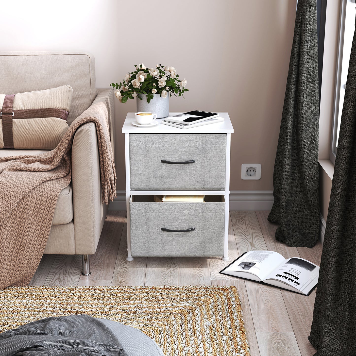 Table de Chevet avec 2 Tiroirs Tissus Table d'appoint Petit Meuble de Rangement Style Industriel, 40 x 30 x 51 cm--Blanc