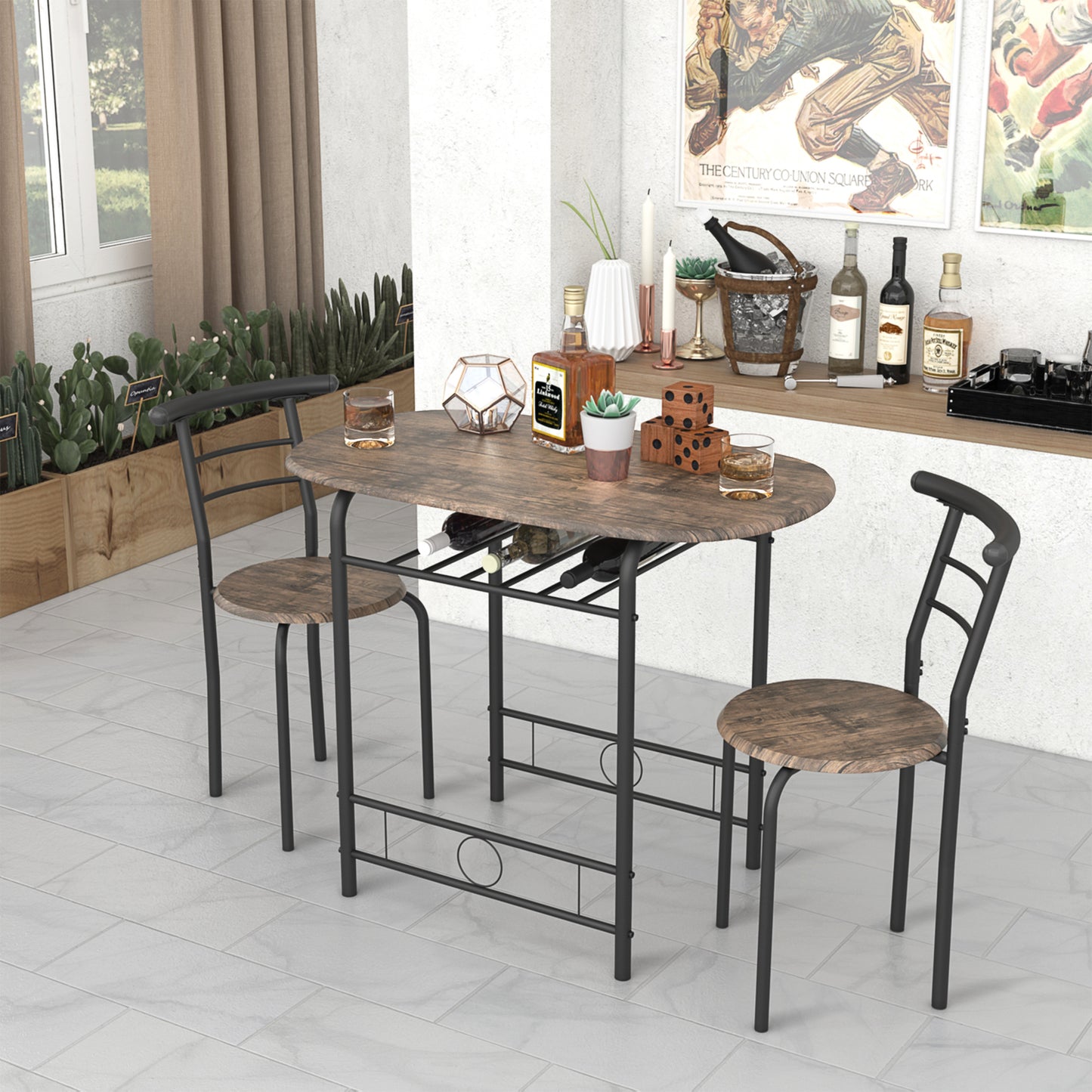 Ensemble table à manger 90x 53x 75 cm et 2 chaises - Marron et Noir - Style Industriel, pour Cuisine, Salle à Manger, Salon