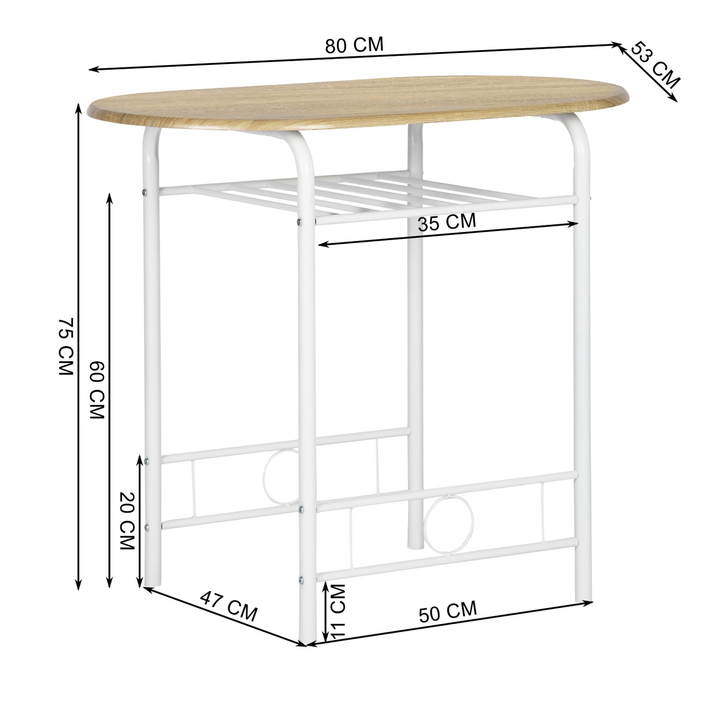 Ensemble table à manger 80x 53x 75 cm et 2 chaises - Hêtre clair et Blanc - Style Industriel, pour Cuisine, Salle à Manger, Salon