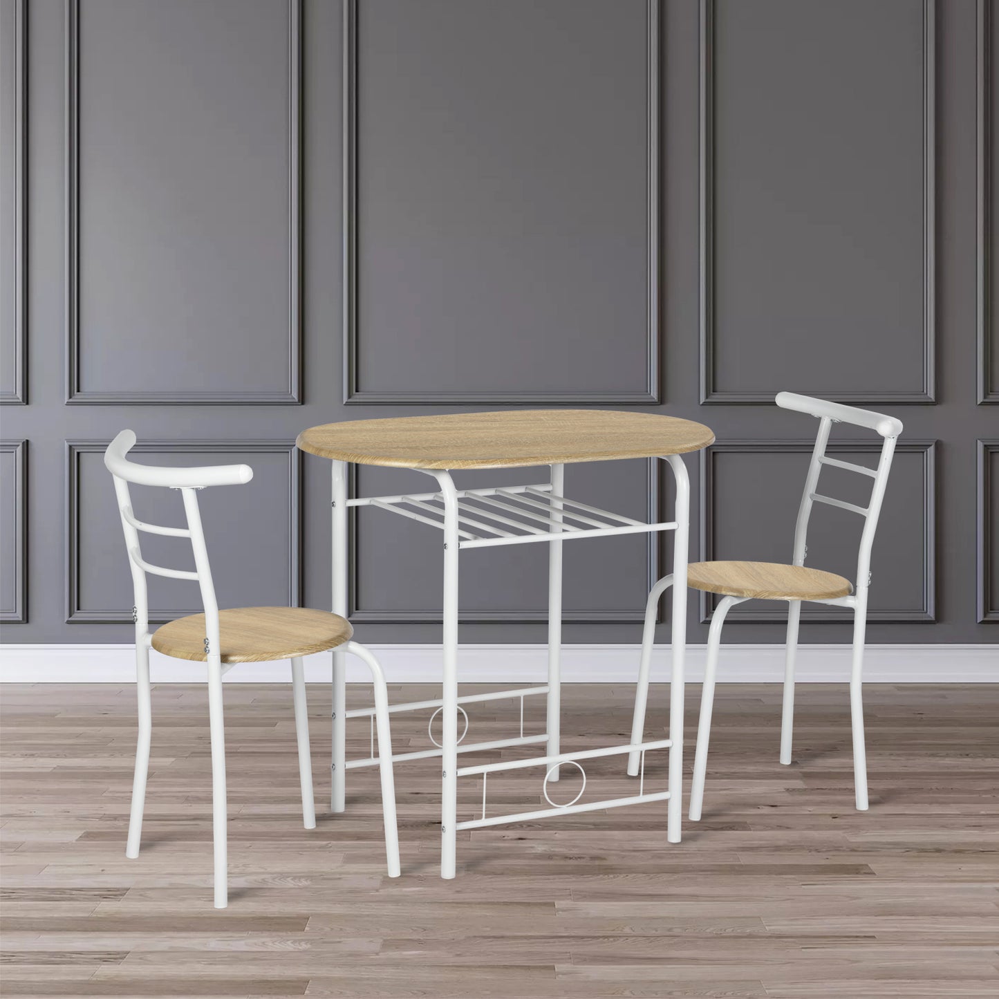 Ensemble table à manger 80x 53x 75 cm et 2 chaises - Hêtre clair et Blanc - Style Industriel, pour Cuisine, Salle à Manger, Salon