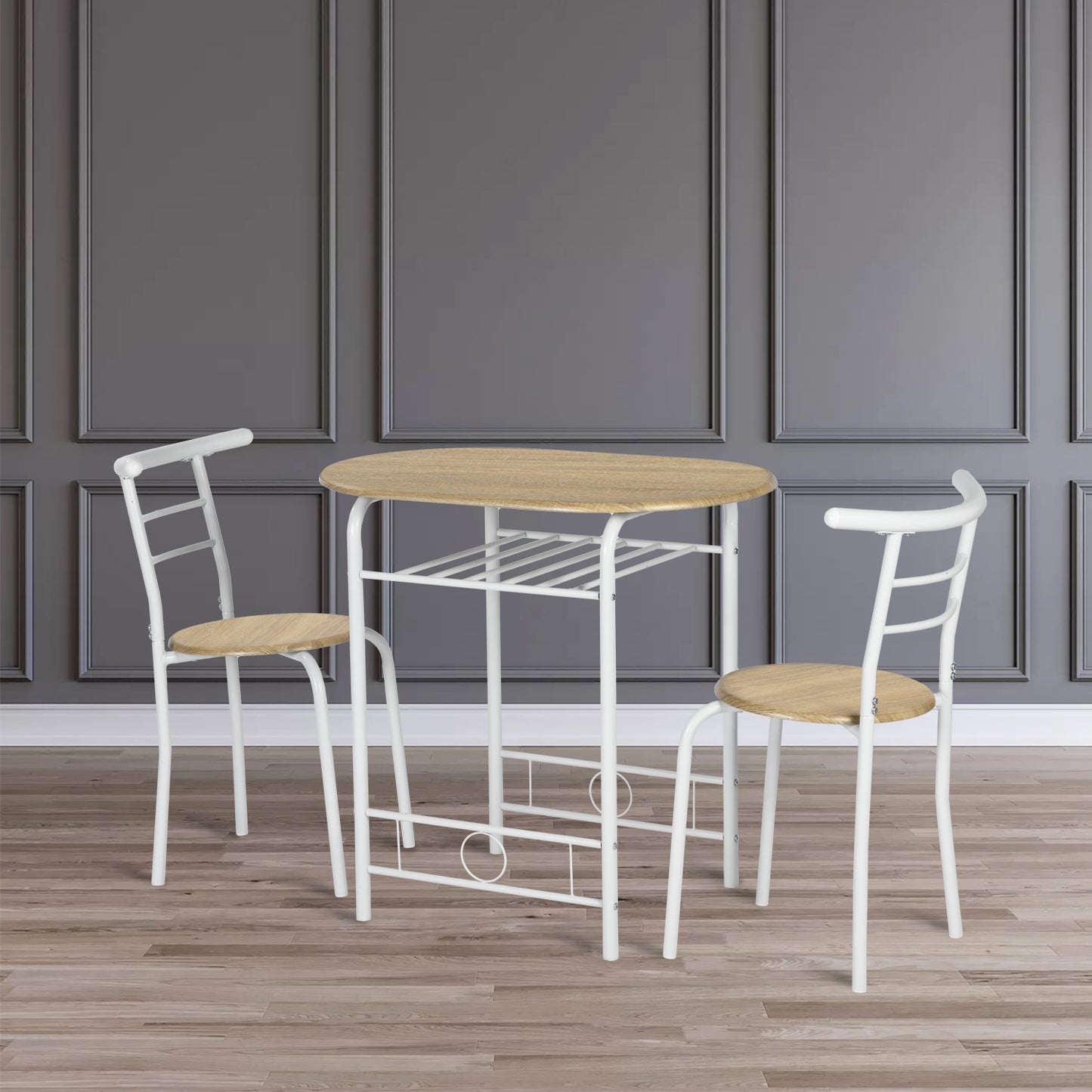 Ensemble table à manger 90x 53x 75 cm et 2 chaises - Hêtre clair et Blanc - Style Industriel, pour Cuisine, Salle à Manger, Salon