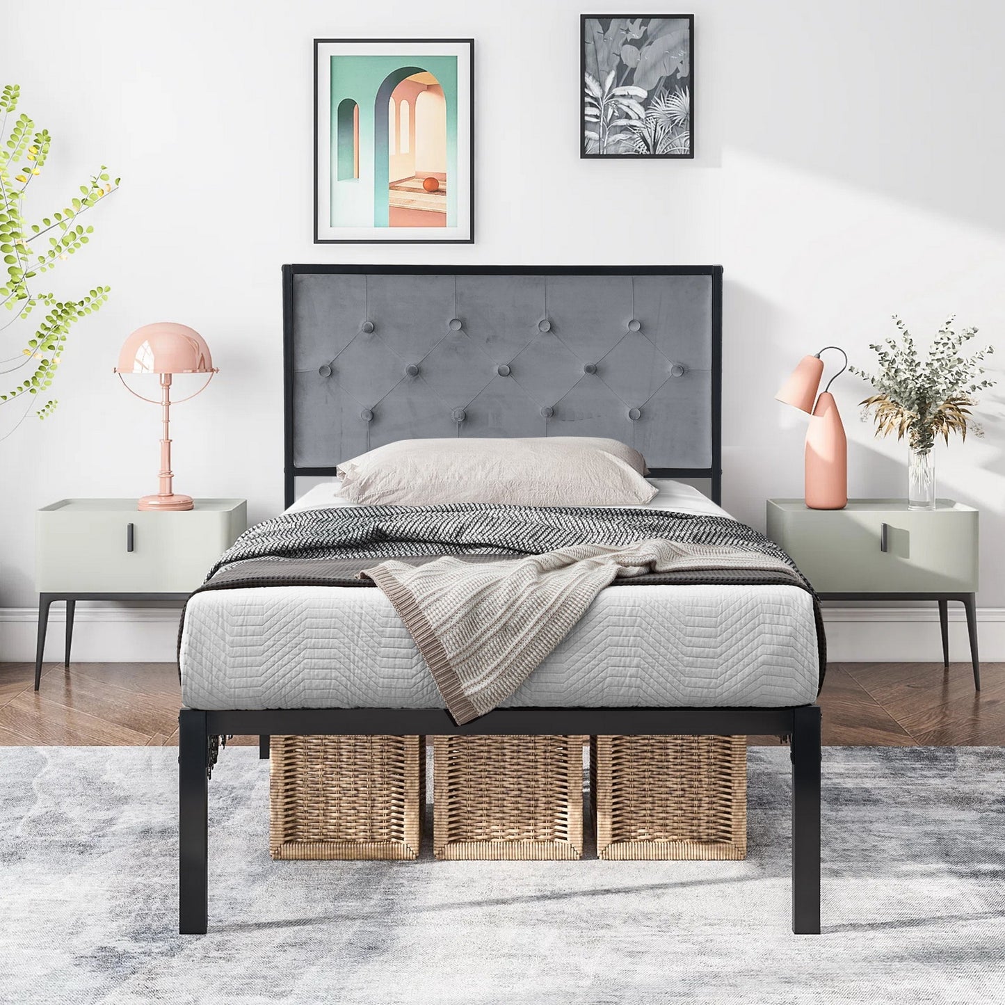 Lit simple métal - 90x190cm - Tête de lit grise - Classique