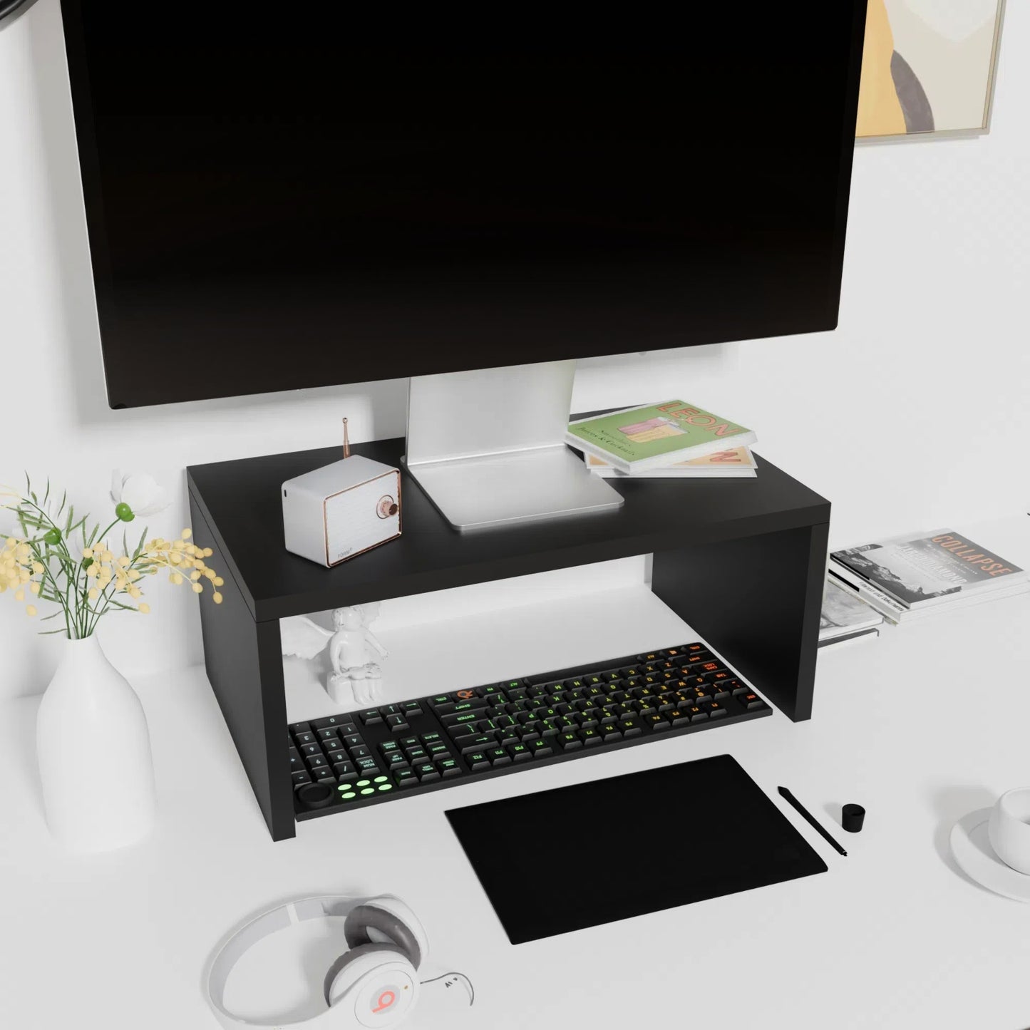 Étagère de Bureau Simple à 2 Niveaux, Étagère de Bureau D'ordinateur Simple, Peut Contenir des Livres, des Documents, 40 x 24 x 17 cm--Noir