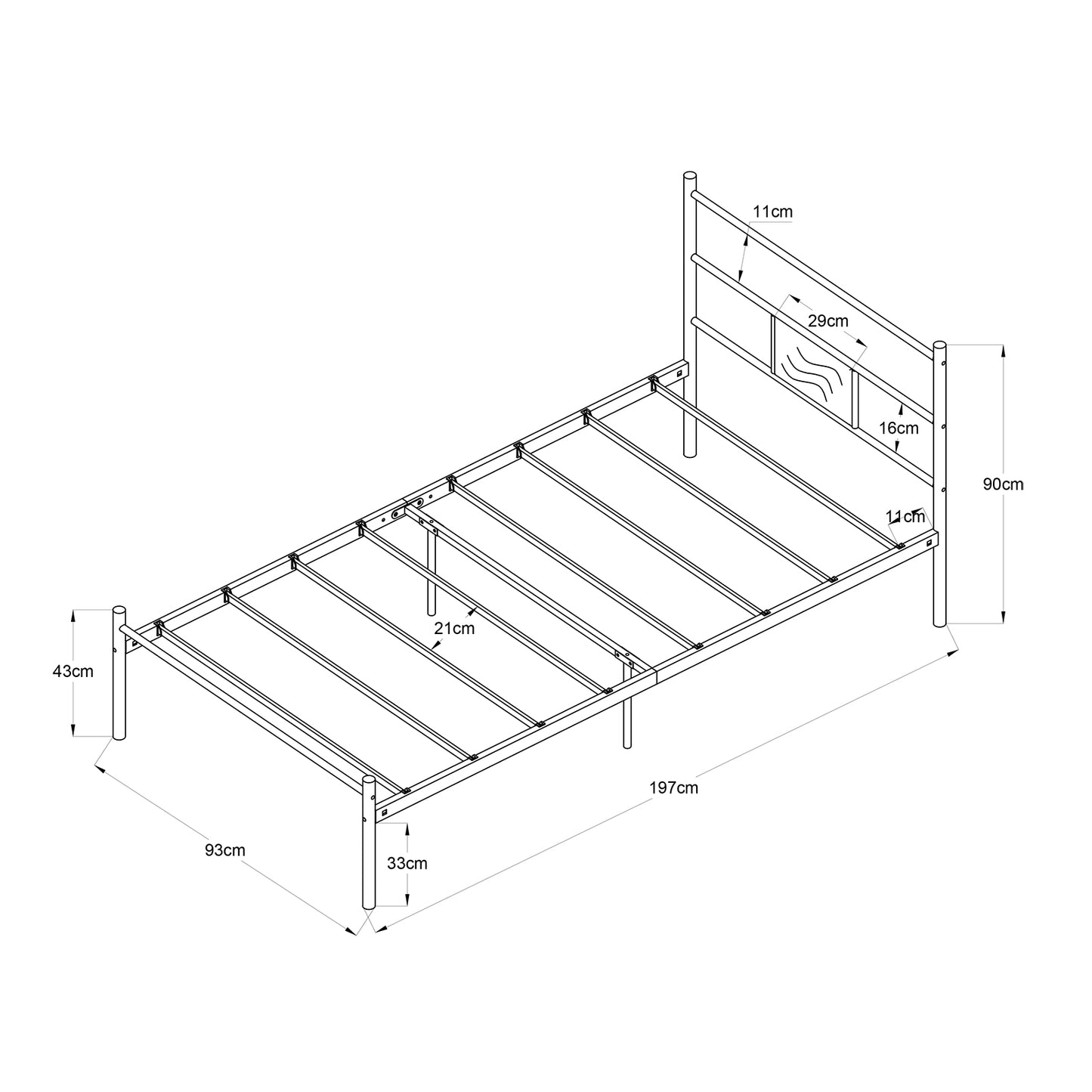 Cadre de Lit en Métal Simple avec Sommier à Lattes - 90x190 cm - Noir