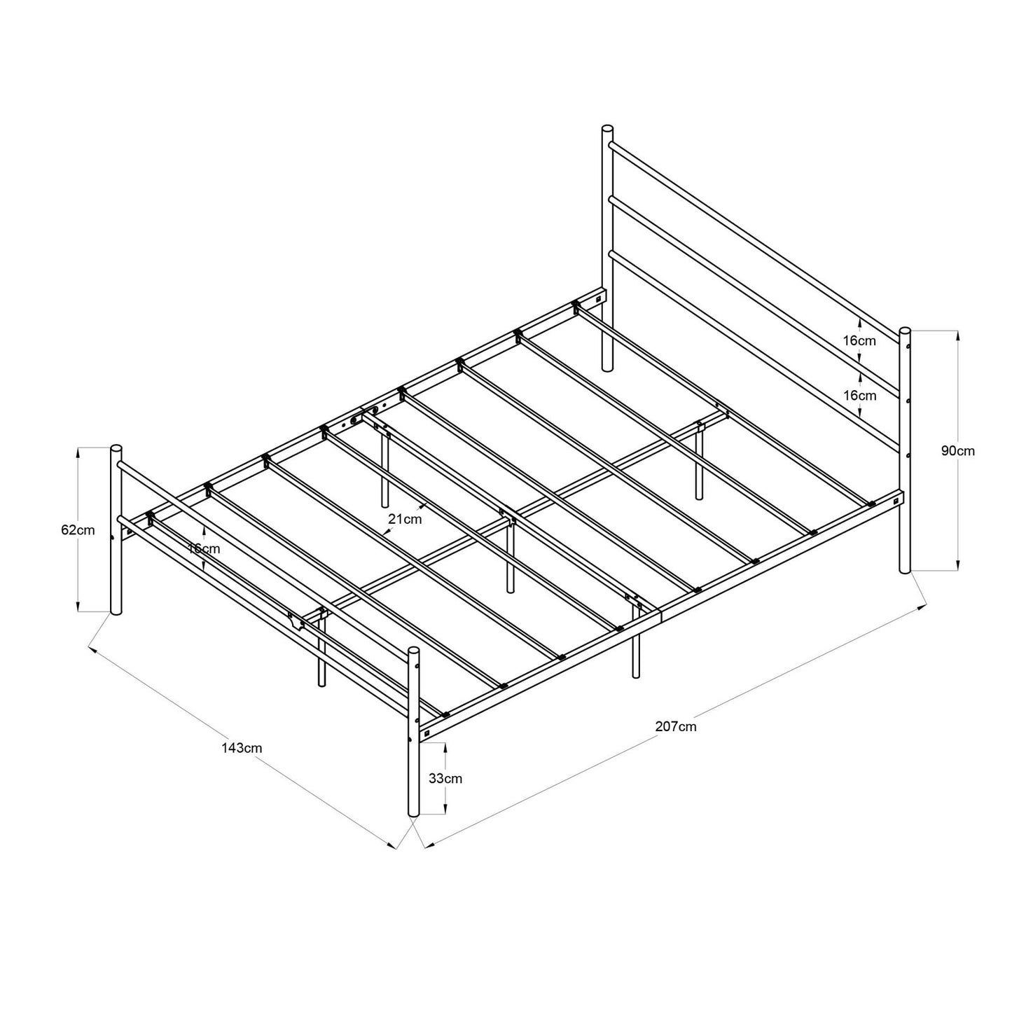 Cadre de Lit Double en Métal - 140x200 cm - Noir