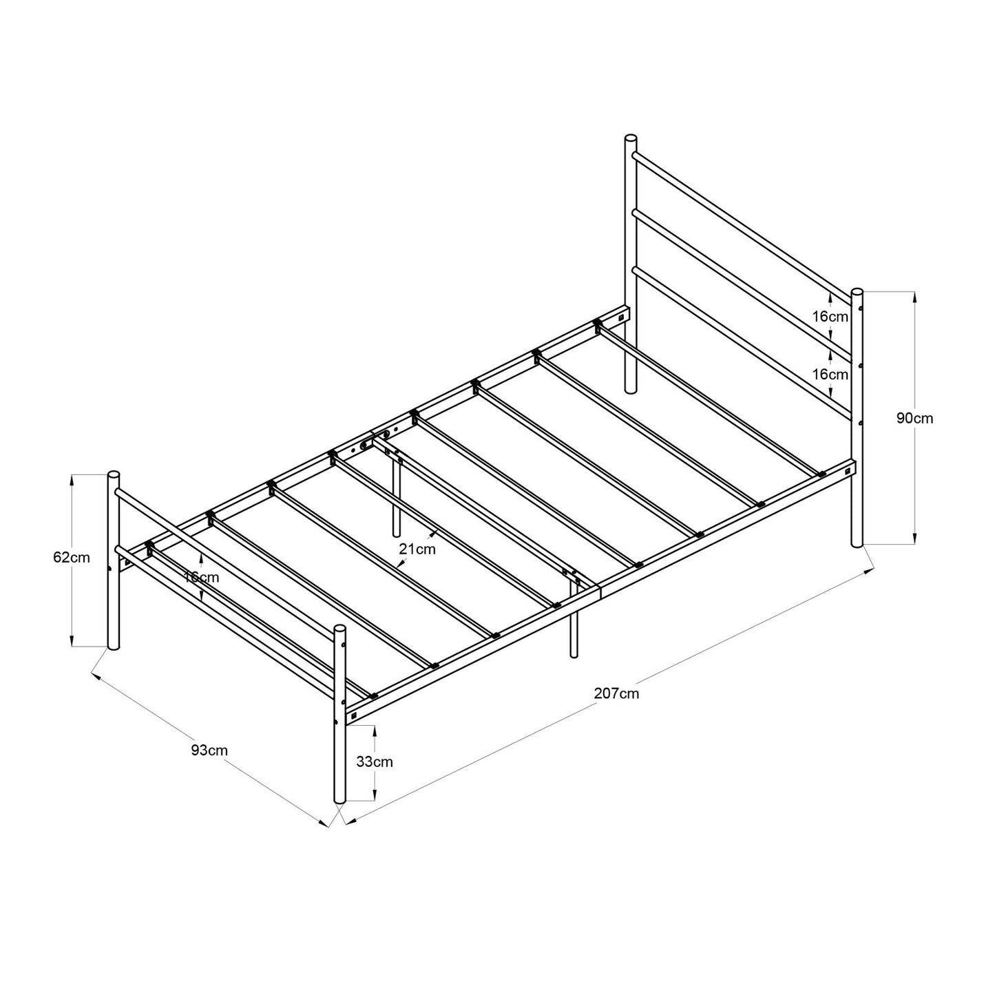 Cadre de Lit Simple en Métal - 90x200 cm - Noir