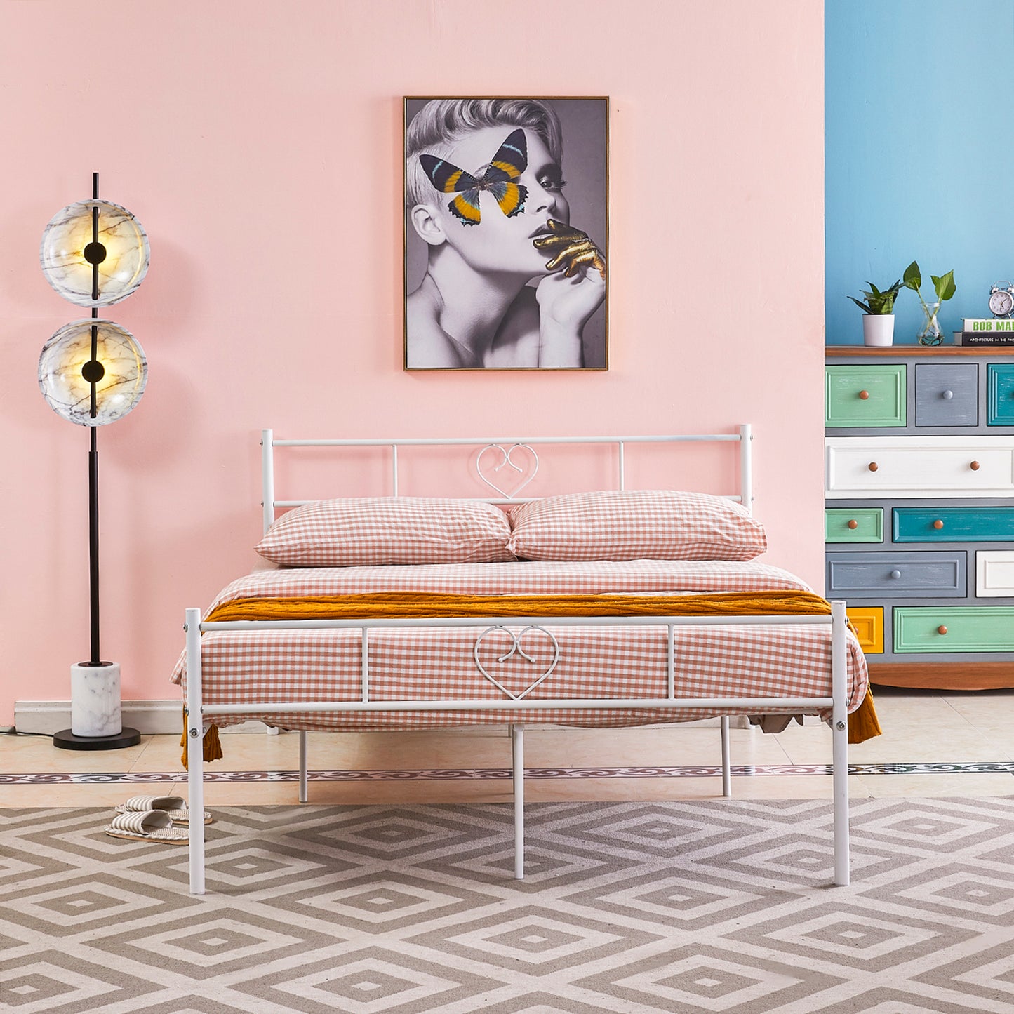 Cadre de Lit Double Classique pour Adulte en Métal - 2 Places - 140x190 cm - Blanc