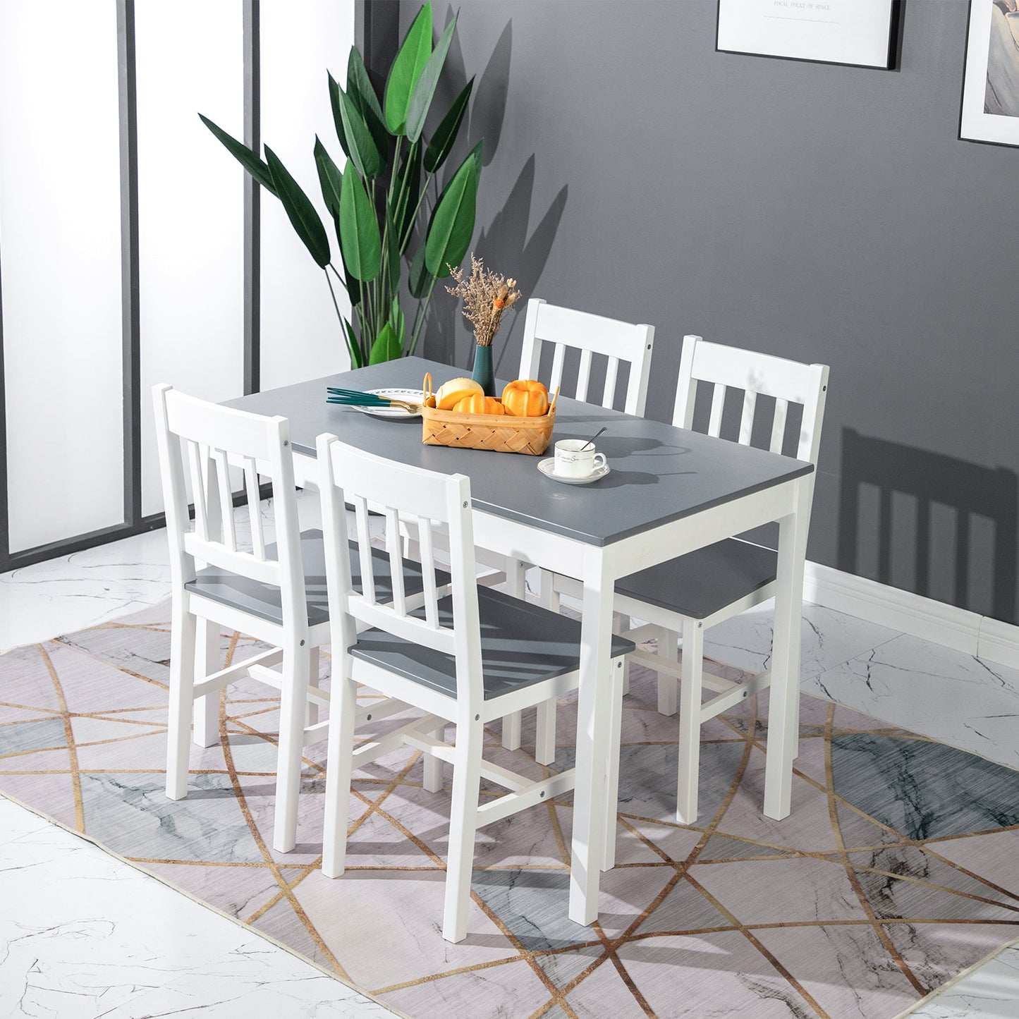 Ensemble de Table et Chaises en Pin Pur - 1 Table et 4 Chaises Assorties Gris et Blanc