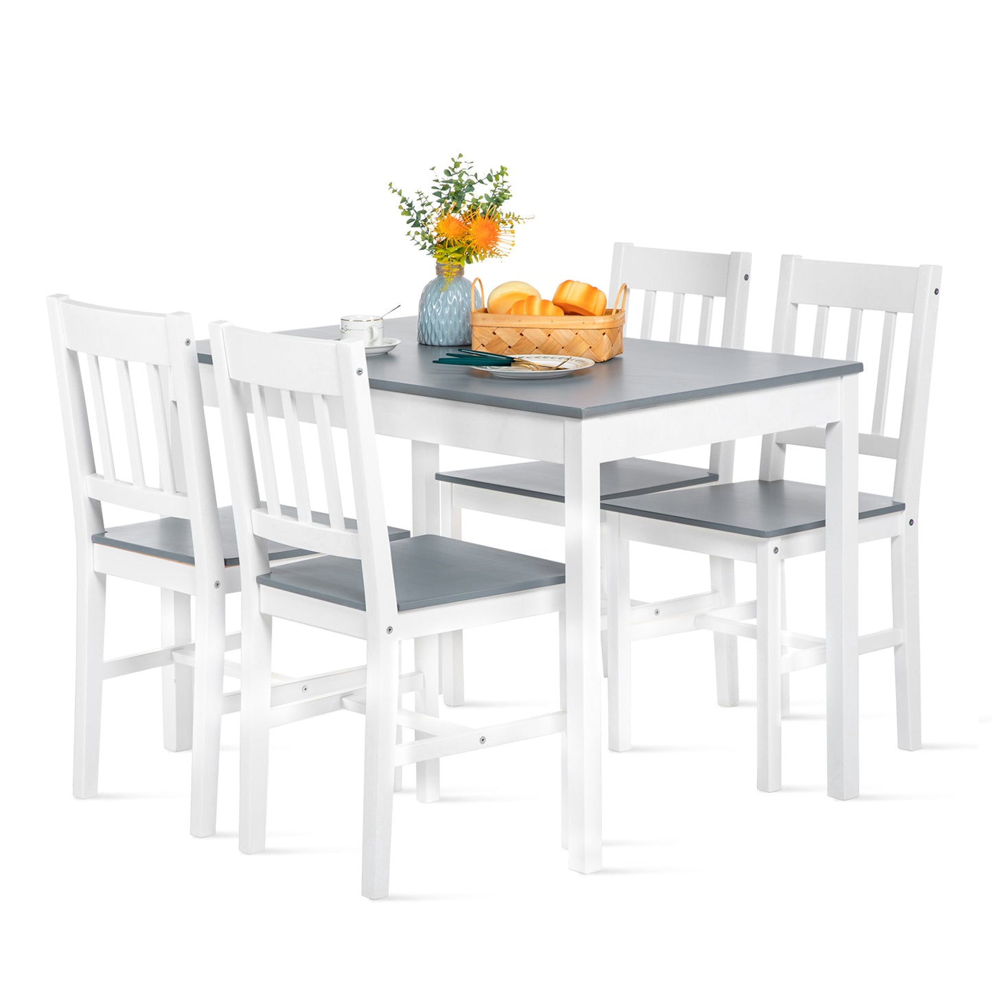 Ensemble de Table et Chaises en Pin Pur - 1 Table et 4 Chaises Assorties Gris et Blanc