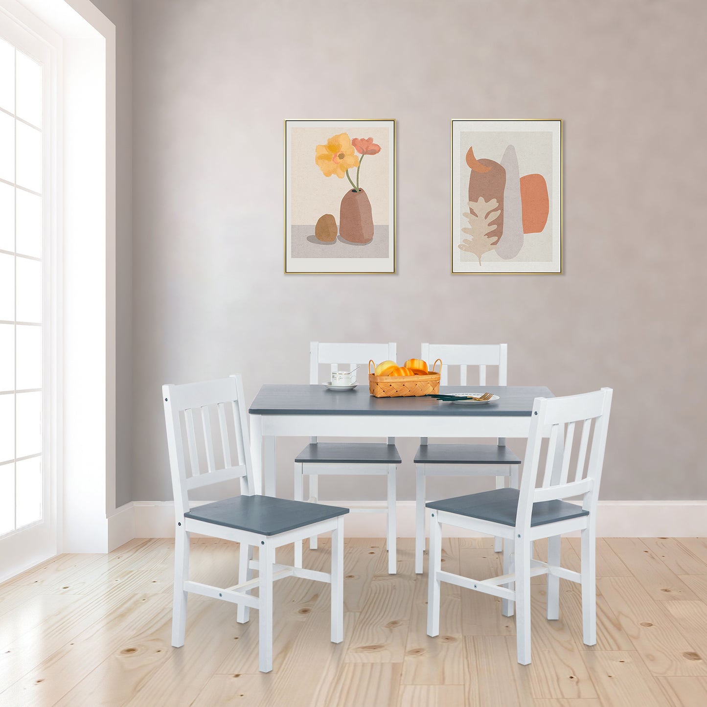 Ensemble de Table et Chaises en Pin Pur - 1 Table et 4 Chaises Assorties Gris et Blanc