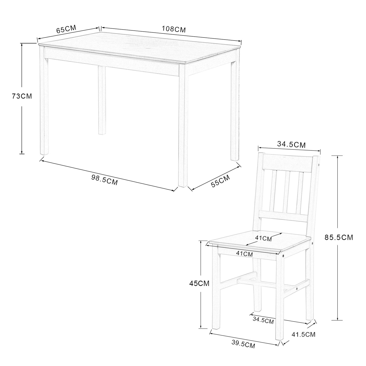Ensemble de Table et Chaises en Pin Pur - 1 Table et 4 Chaises Assorties Gris et Blanc