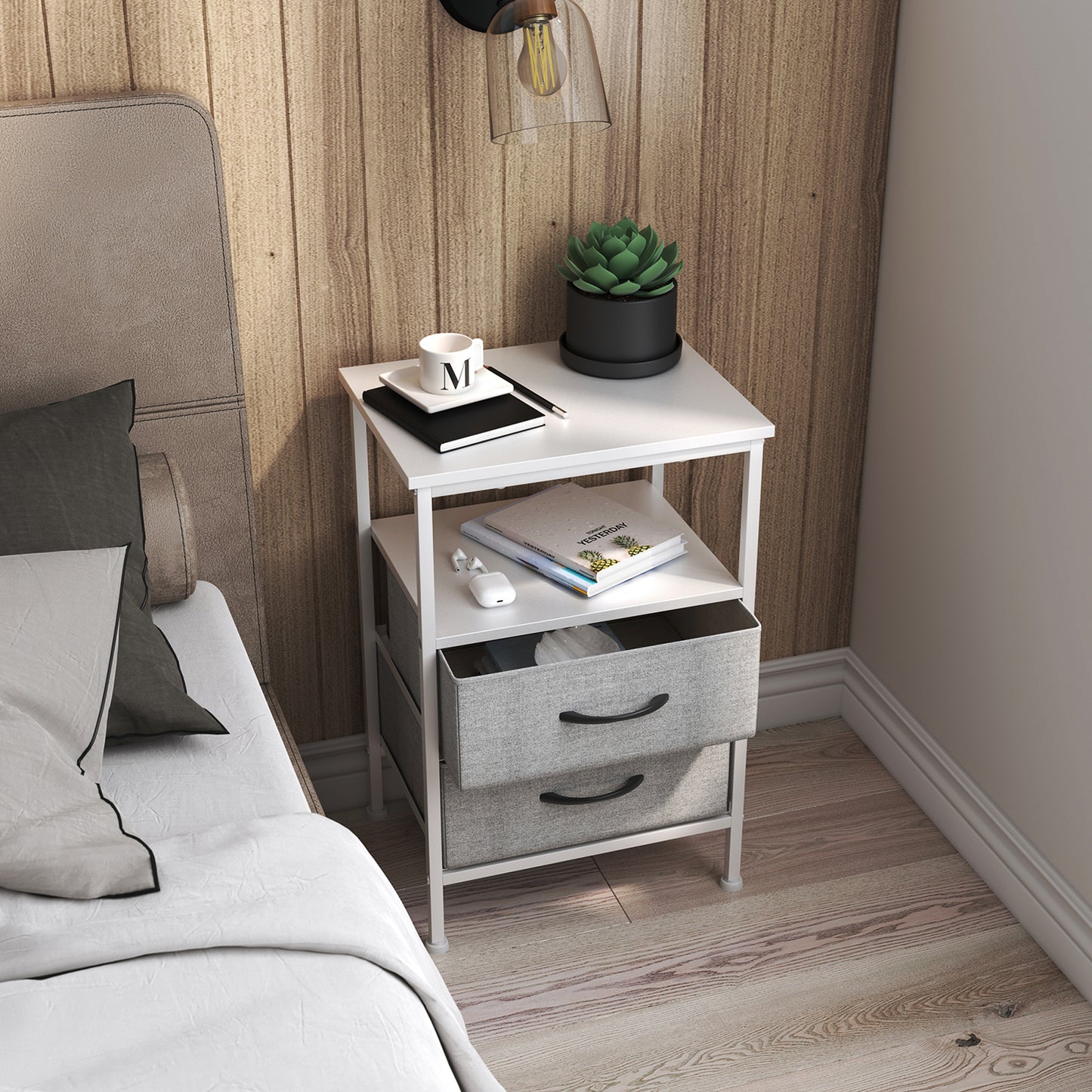 Table de chevet avec 2 tiroirs en tissu, meuble d'appoint style industriel, 40 x 30 x 60 cm, blanc