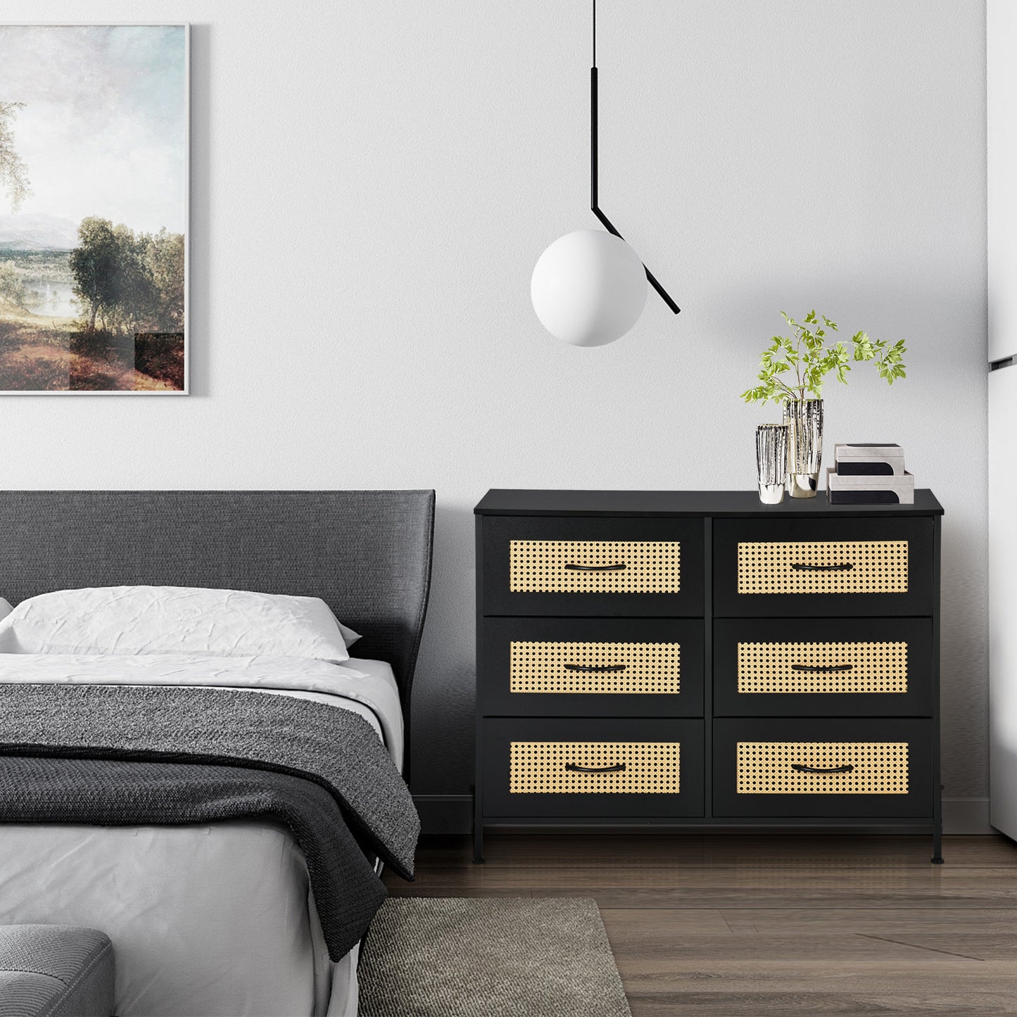 Buffet industriel 6 tiroirs, buffet 6 tiroirs en tissu non tissé, meuble de rangement pour salon, cuisine, salle à manger, 97 x 35 x 76 cm--Noir