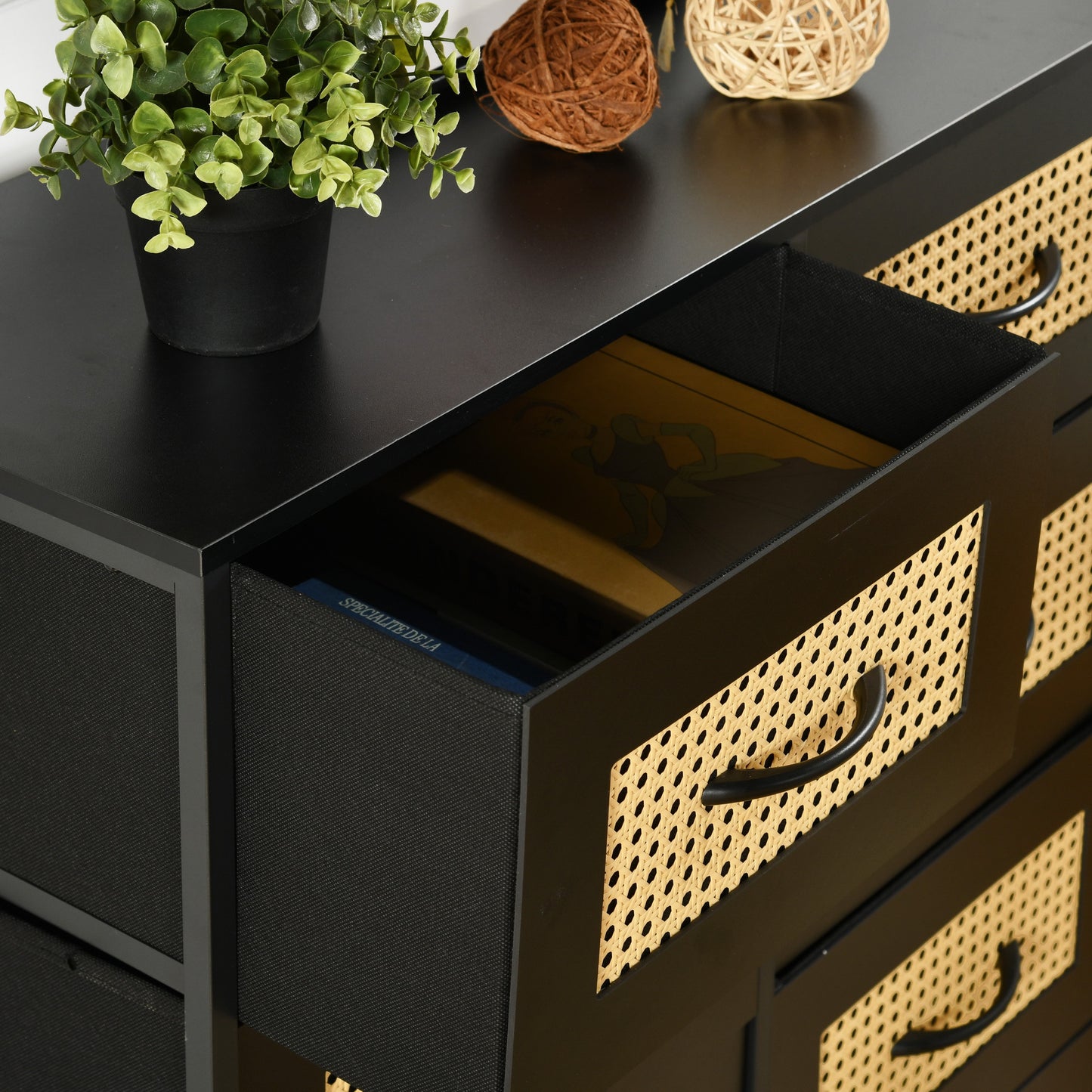 Buffet industriel 8 tiroirs, buffet 8 tiroirs en tissu non tissé, meuble de rangement pour salon, cuisine, salle à manger, 80x 30 x 92.5 cm--Noir