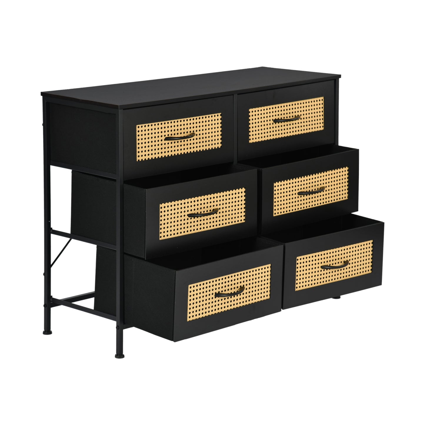 Buffet industriel 6 tiroirs, buffet 6 tiroirs en tissu non tissé, meuble de rangement pour salon, cuisine, salle à manger, 97 x 35 x 76 cm--Noir