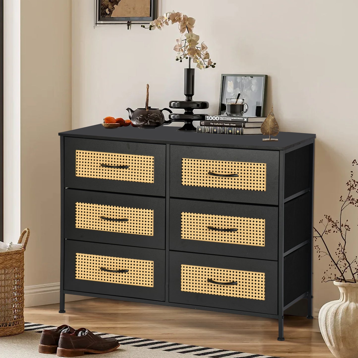 Buffet industriel 6 tiroirs, buffet 6 tiroirs en tissu non tissé, meuble de rangement pour salon, cuisine, salle à manger, 97 x 35 x 76 cm--Noir