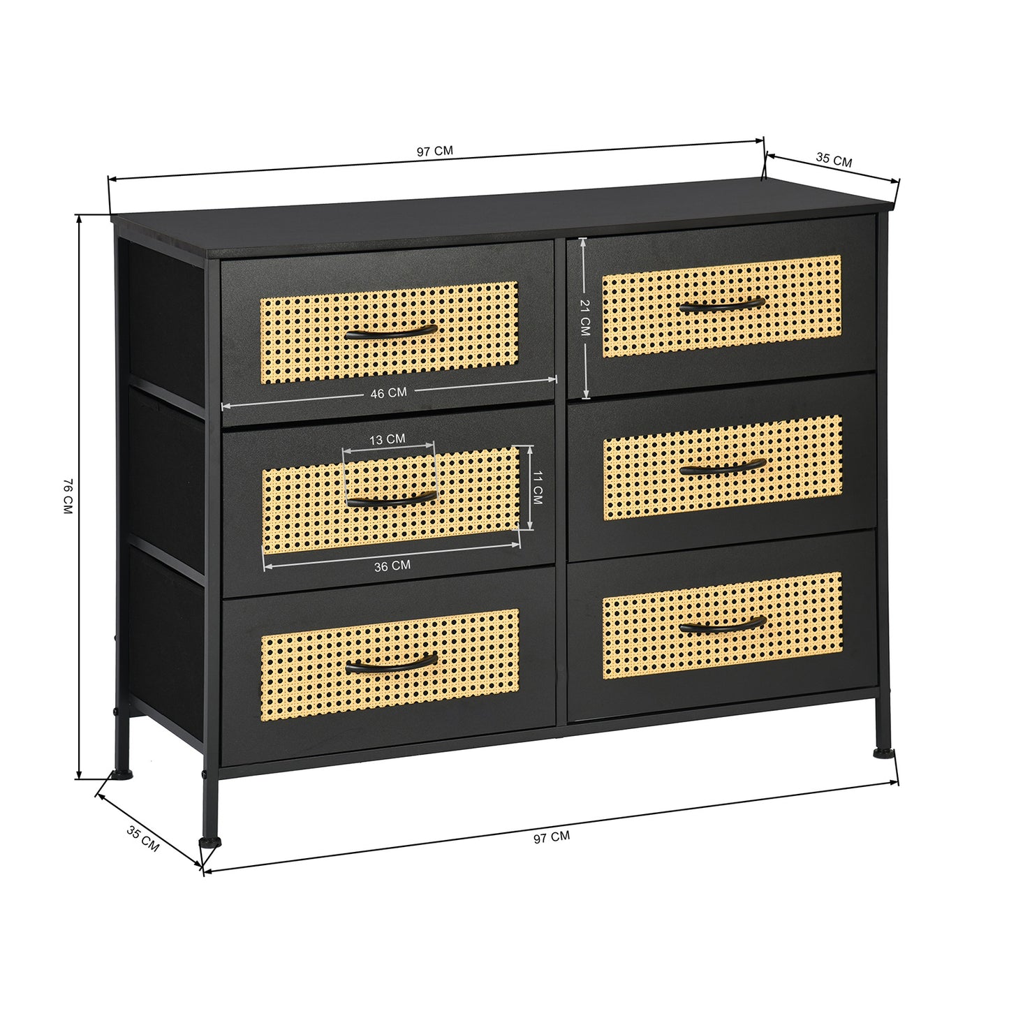 Buffet industriel 6 tiroirs, buffet 6 tiroirs en tissu non tissé, meuble de rangement pour salon, cuisine, salle à manger, 97 x 35 x 76 cm--Noir