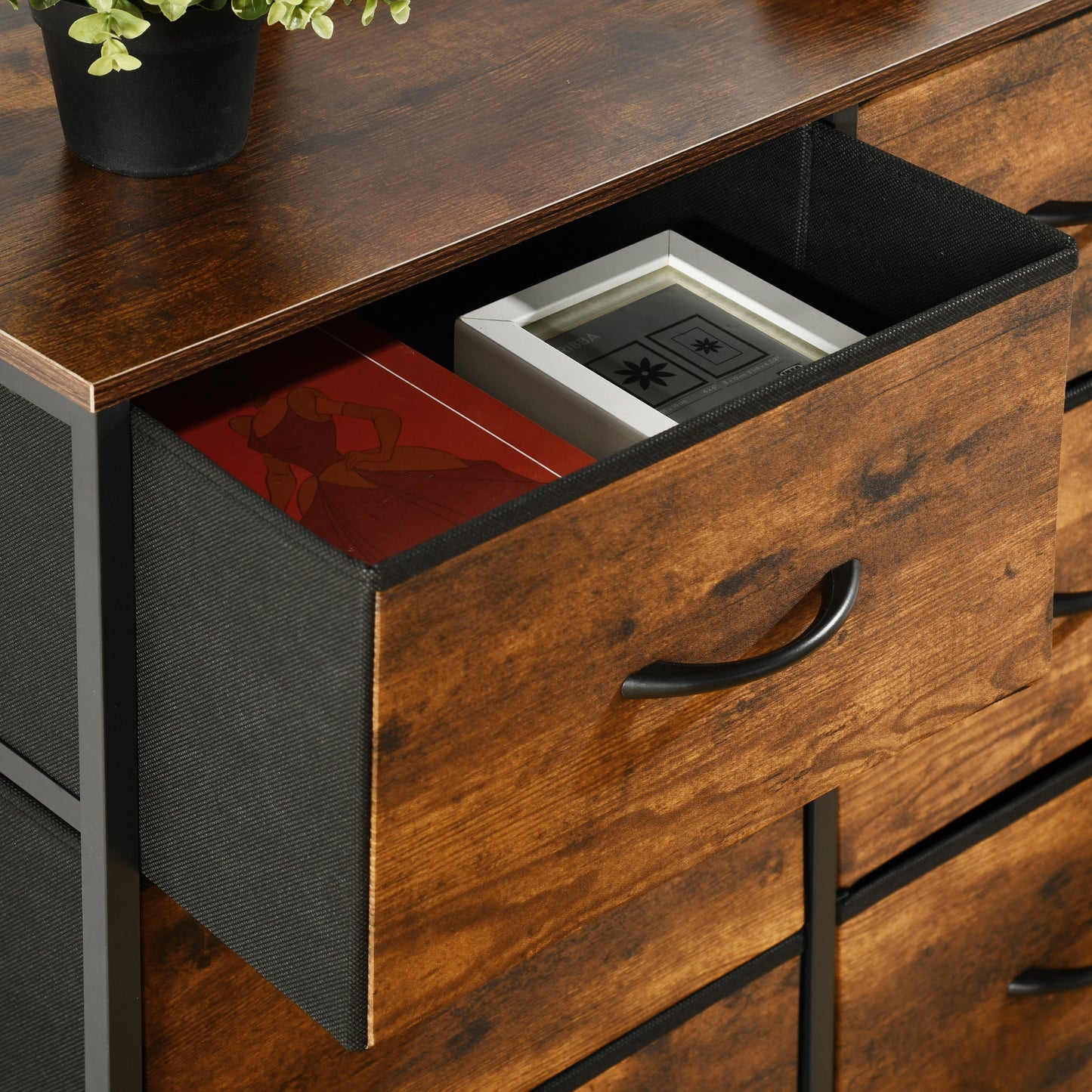 Buffet industriel 6 tiroirs en tissu non tissé, meuble de rangement pour salon, cuisine, salle à manger, 97 x 35 x 76 cm, marron