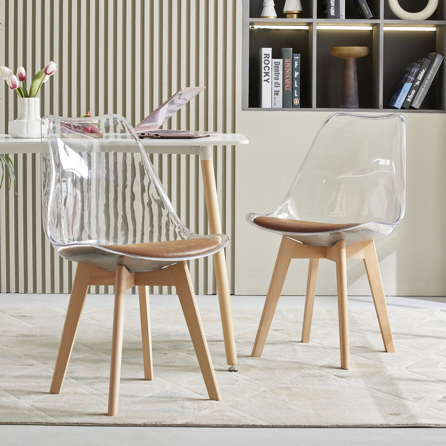 Lot de 2 chaises Scandinaves Transparentes pour Salle à Manger avec Coussin Brun