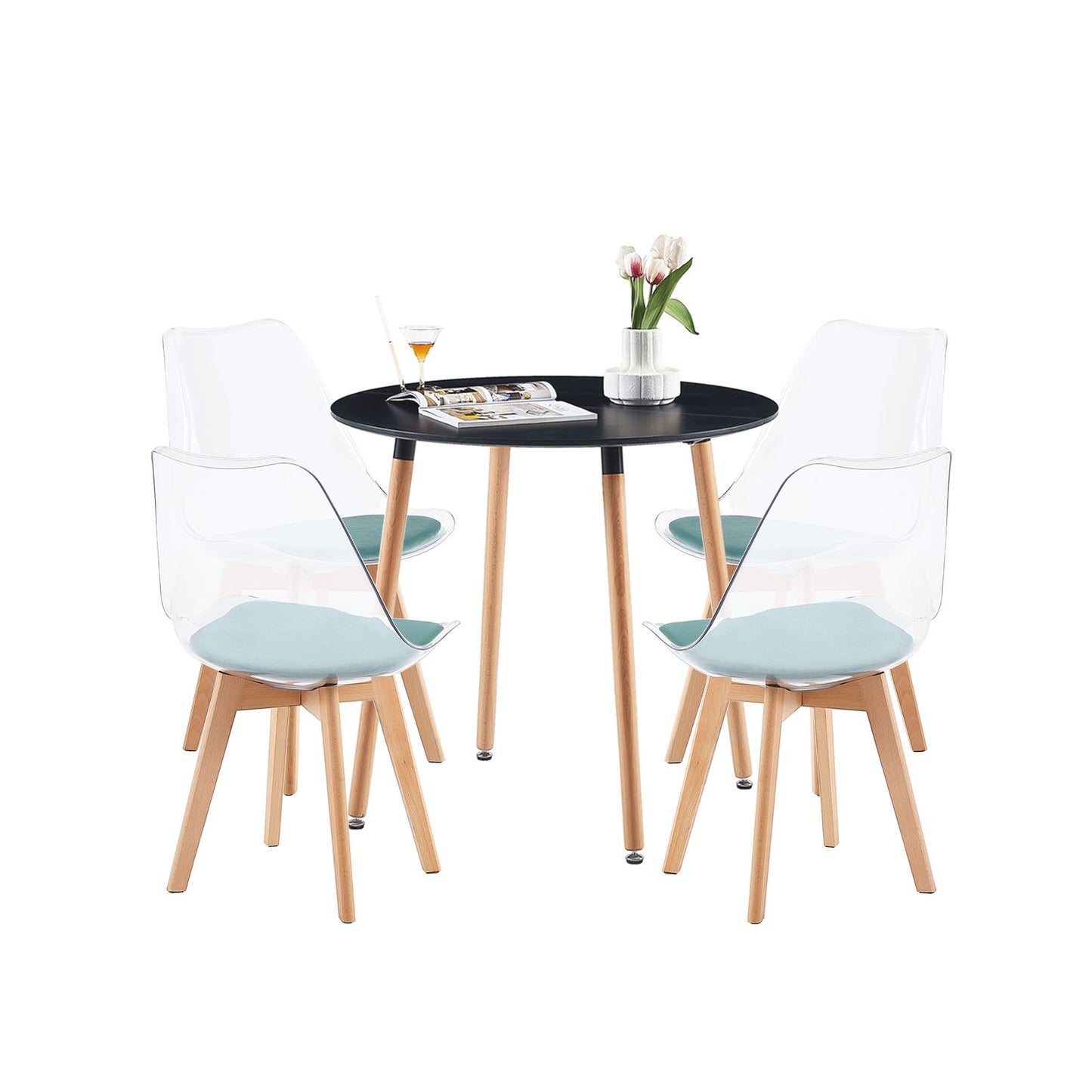 Lot de 4 Chaises Salle à Manger Scandinaves avec Pieds en Bois de Hêtre, avec Coussin d'Assise en Velours Vert Aquatique