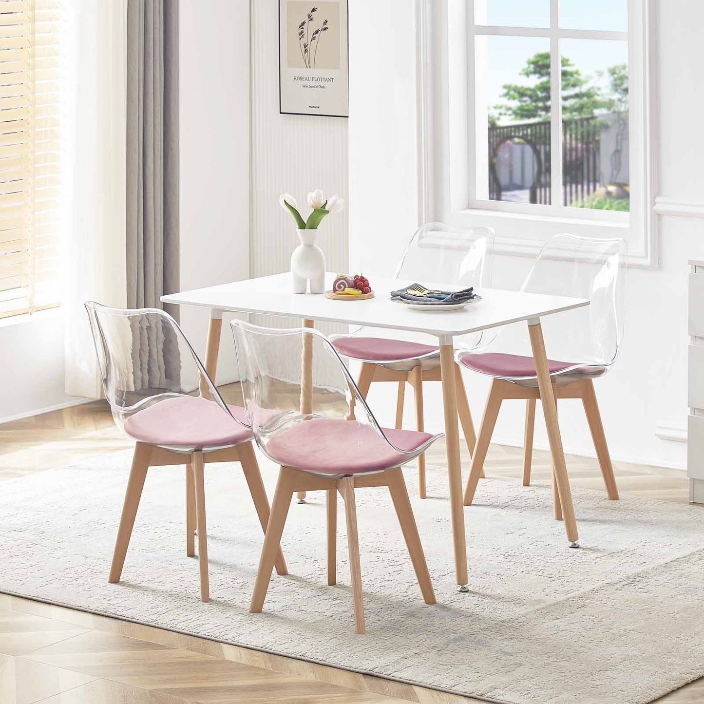 Lot de 4 Chaises Transparente Scandinave pour Salle a Manger, avec Coussin Rose