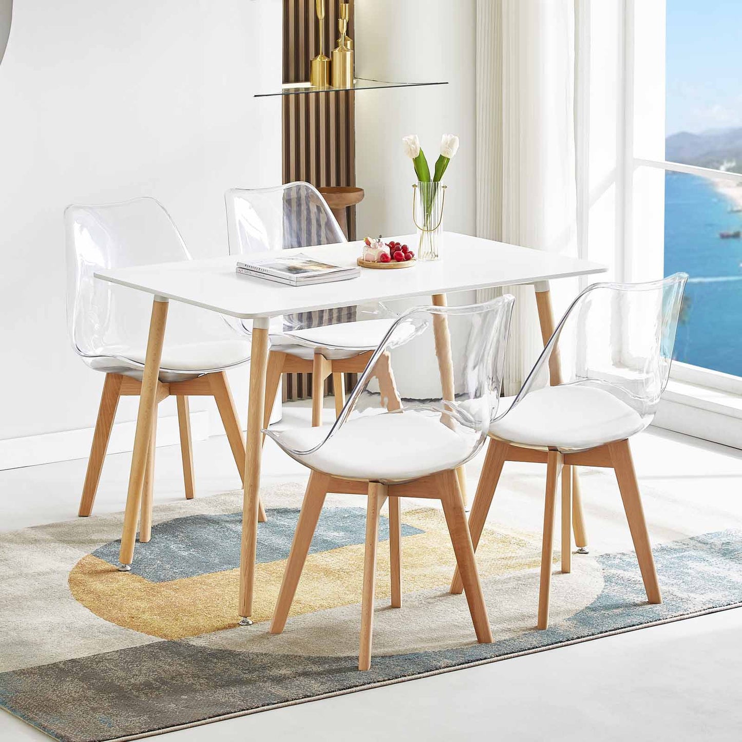 Lot de 4 chaises Scandinaves Transparentes pour Salle à Manger avec Coussin Blanc