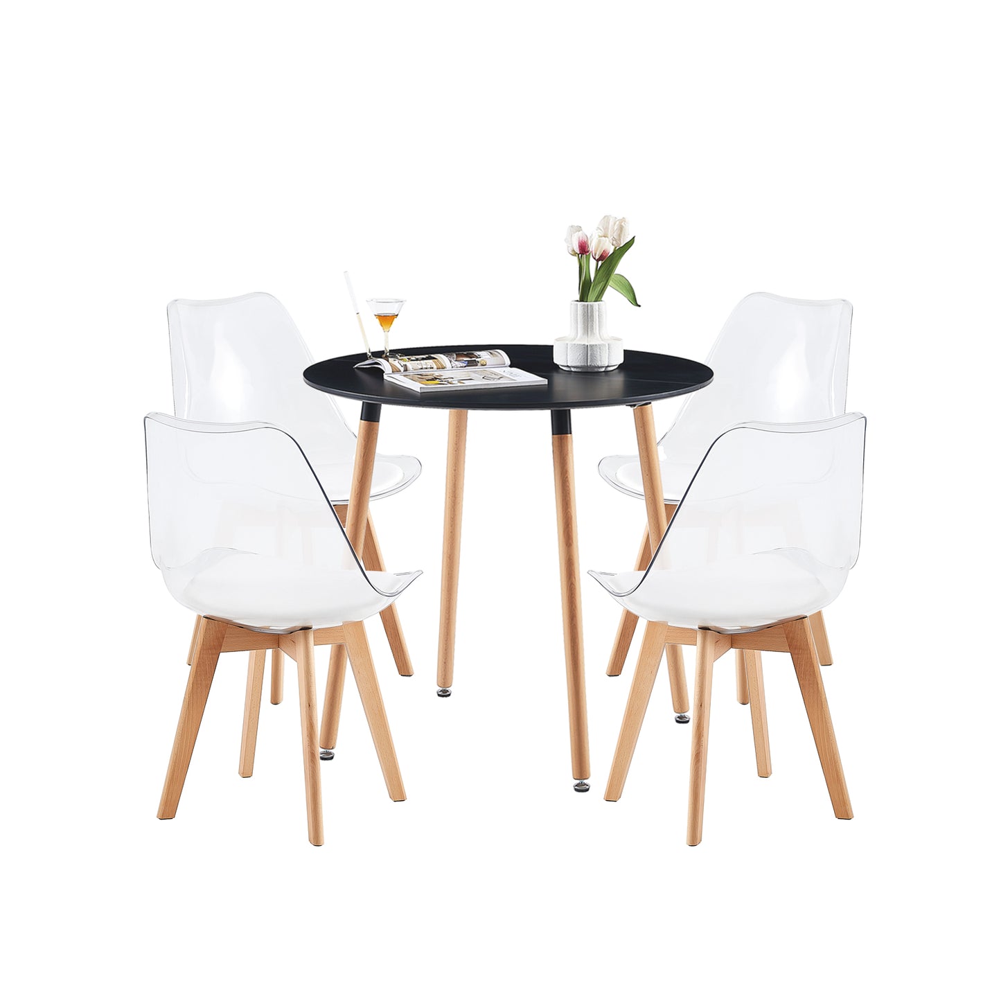 Lot de 4 chaises scandinaves avec pieds en bois de hêtre, chaises de cuisine transparentes avec coussin en cuir PU blanc