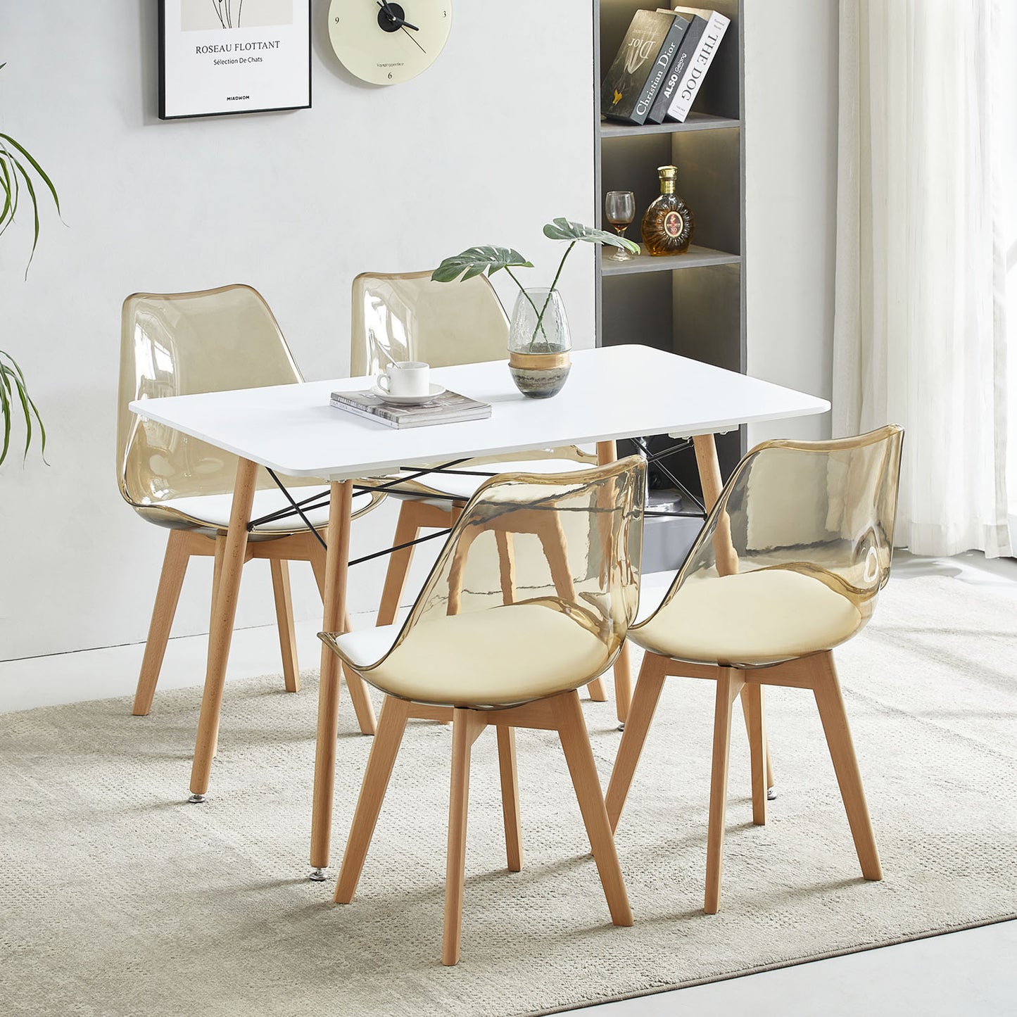Lot de 4 chaises salle à manger avec pieds en bois de hêtre, chaises de cuisine transparentes marron avec coussin en cuir PU blanc