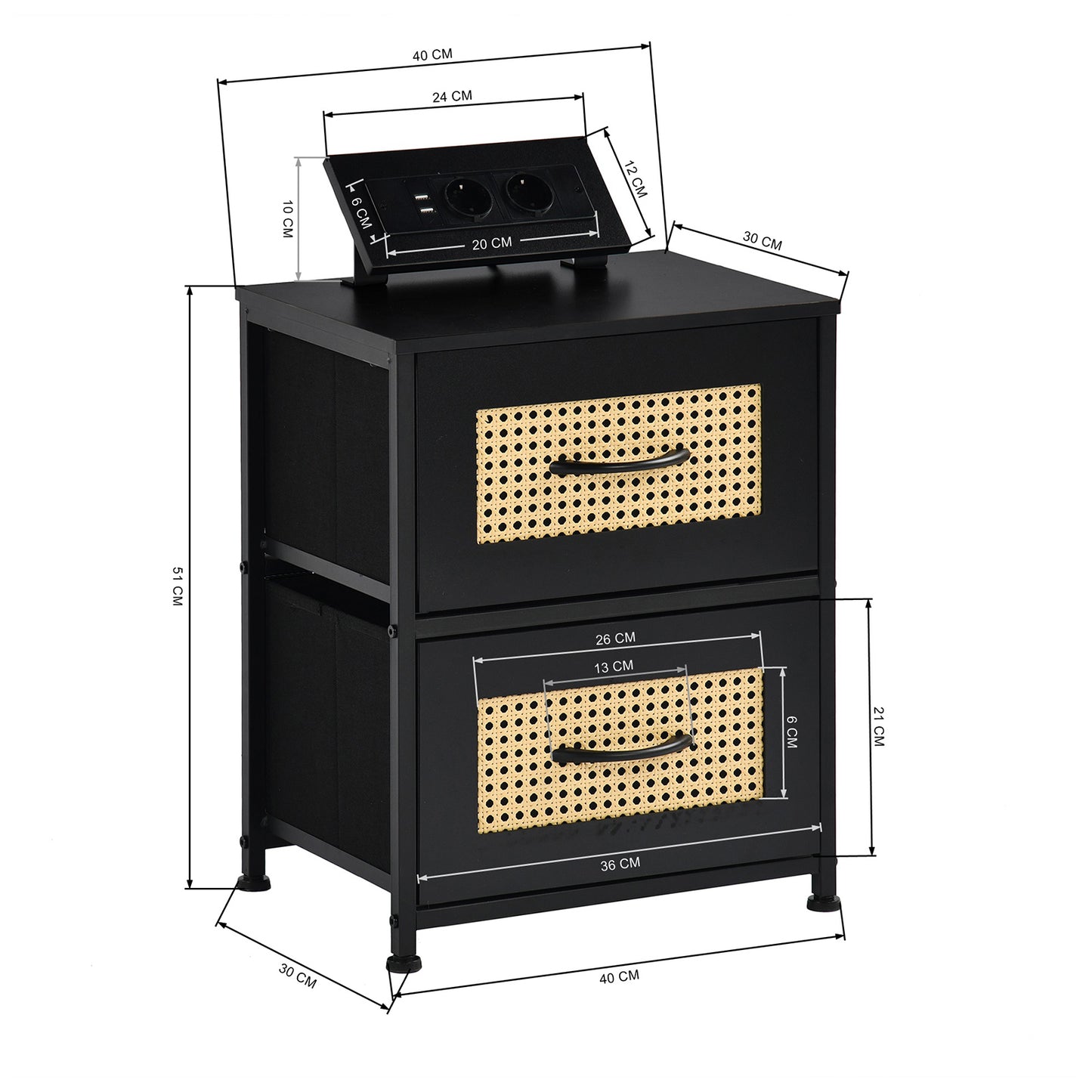 Table de Chevet avec 2 Tiroirs Tissus Table d'appoint Petit Meuble de Rangement, Avec 2 prise de courant et 2 prises USB, 40 x 30 x 51 cm--Noir
